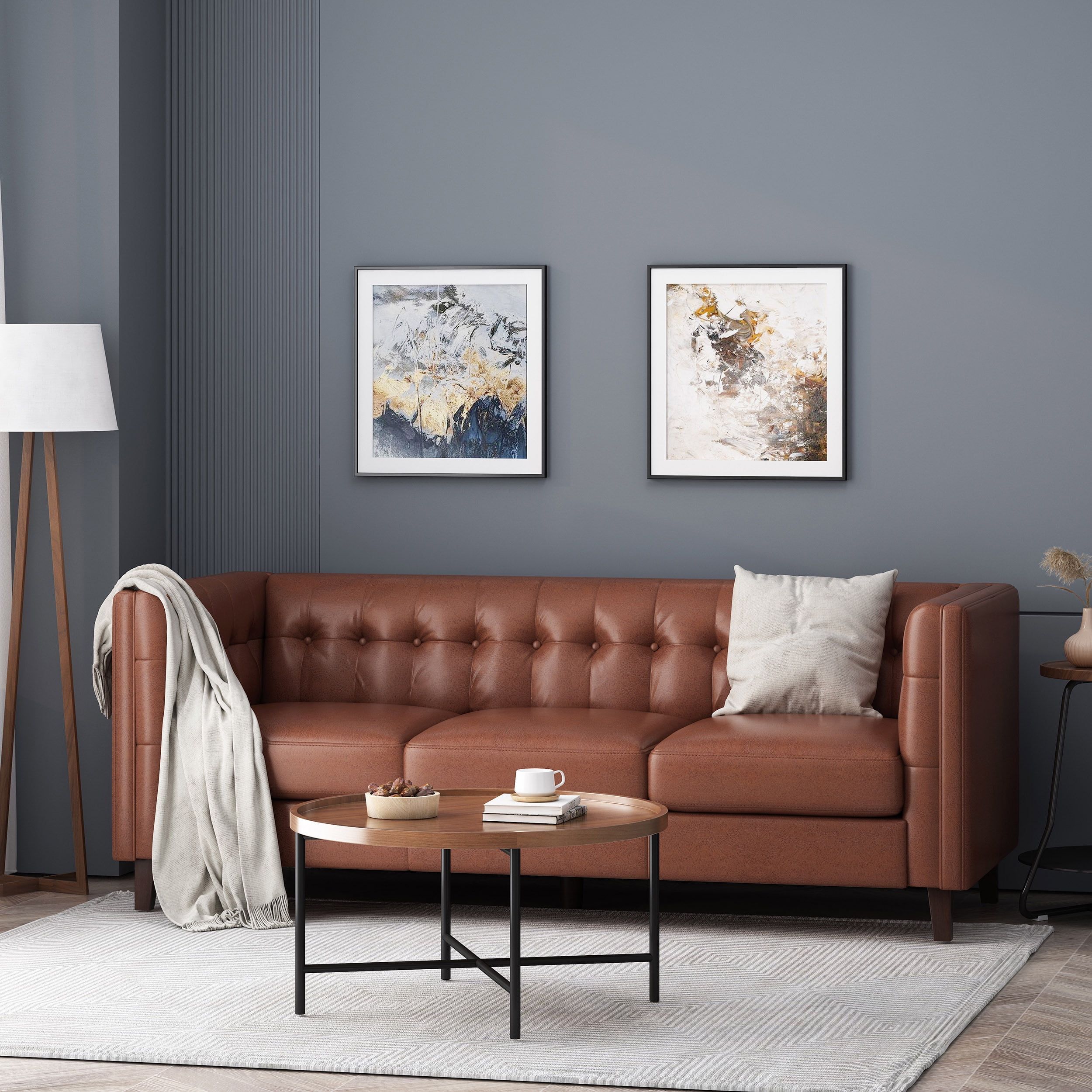 Cognac Brown Faux Leather Tufted Tuxedo Sofa with Wood Accents