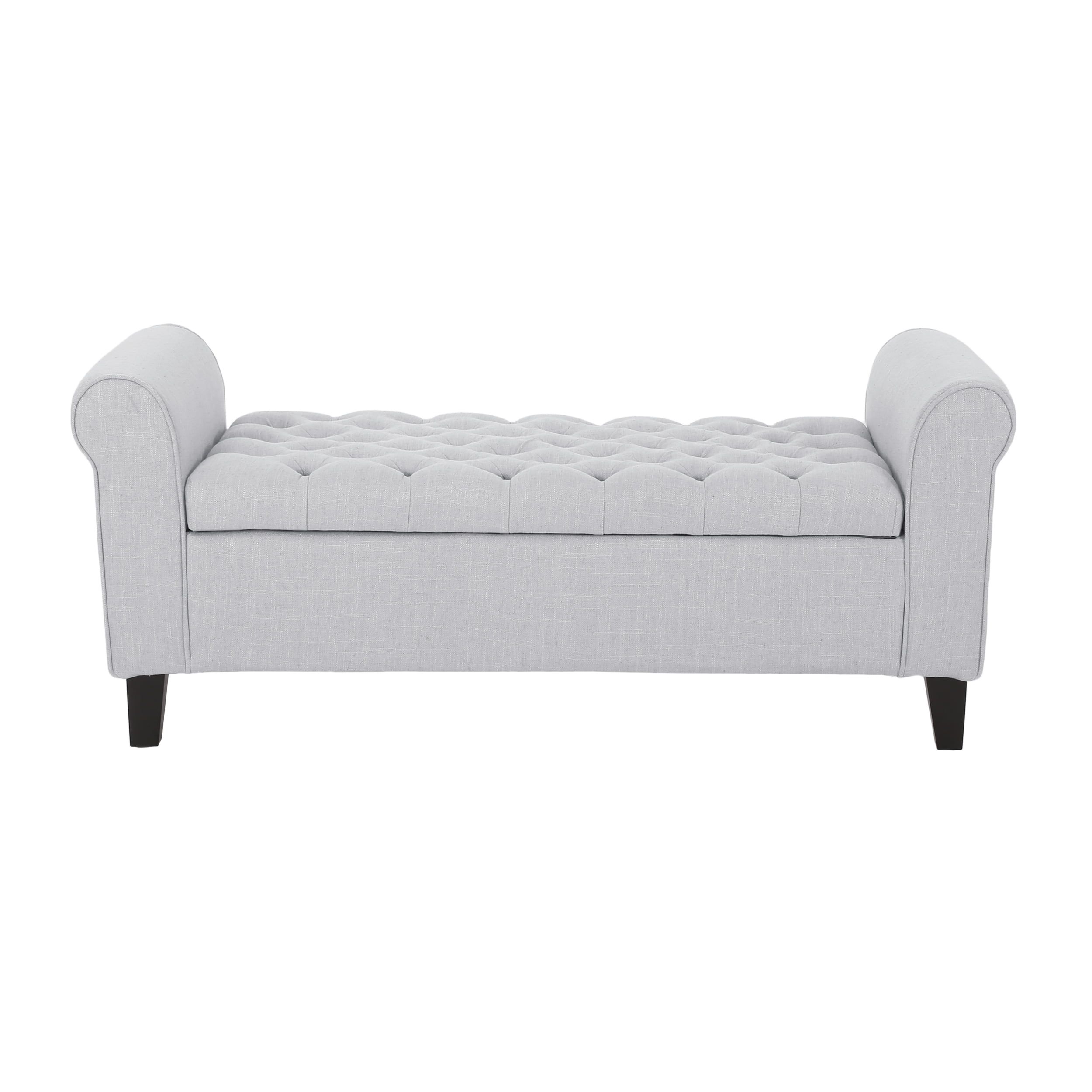 Light Gray Tufted Fabric Storage Ottoman Bench with Rolled Arms