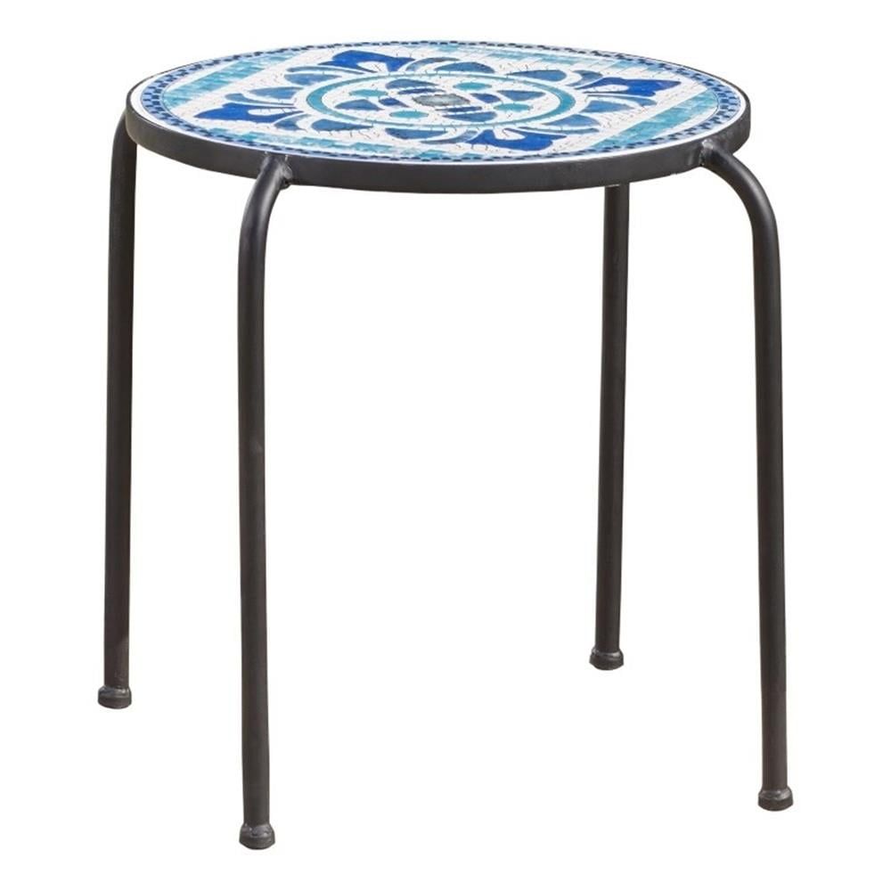 Blue and White Ceramic Tile Outdoor Side Table with Black Iron Frame