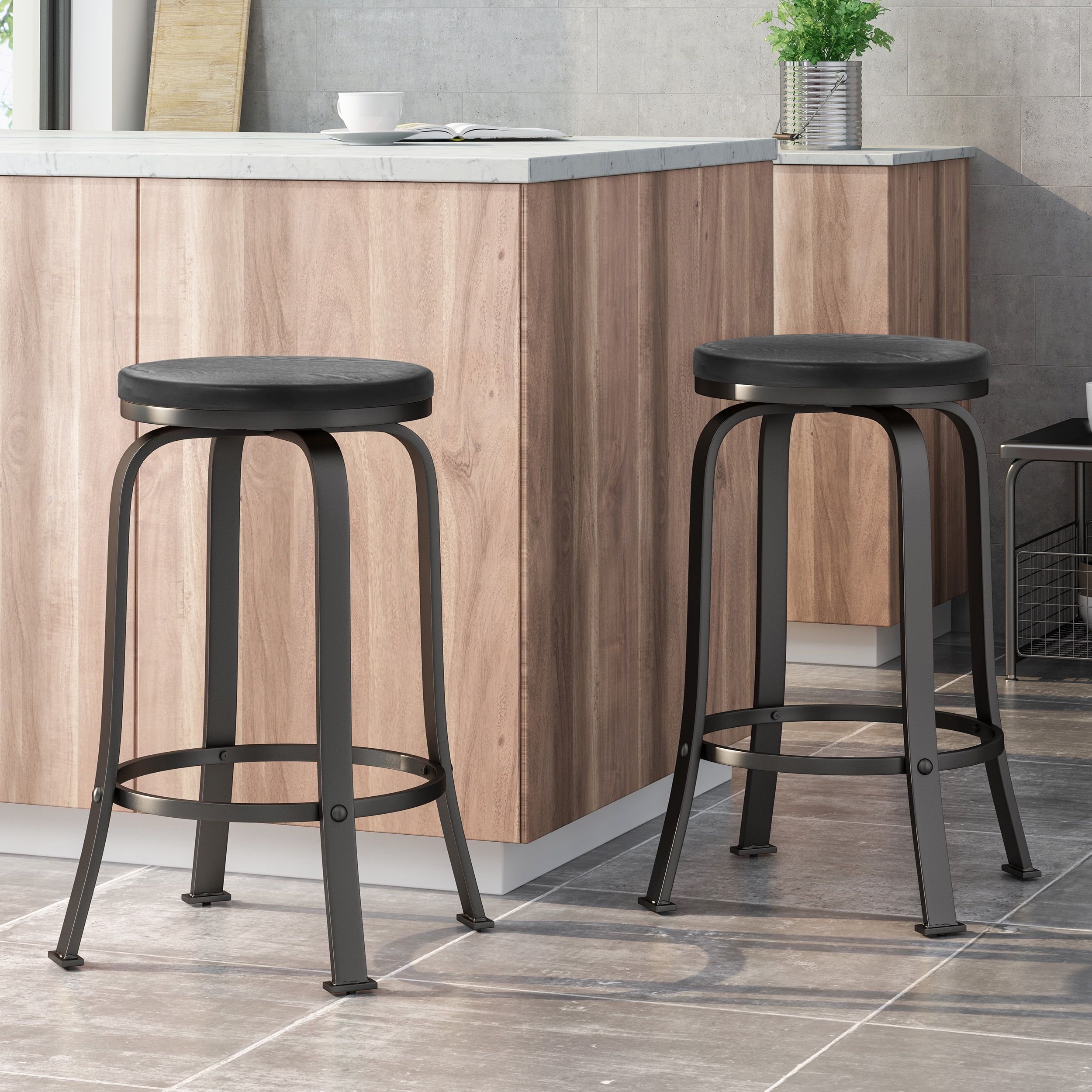 Modern Black Metal Swivel Counter Stool with Faux Wood Seat, Set of 2