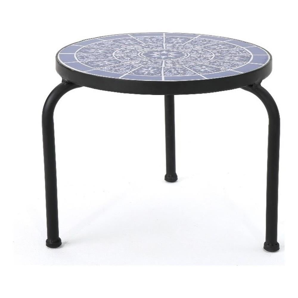 Blue and White Ceramic Tile Top Matte Black Iron Plant Stand