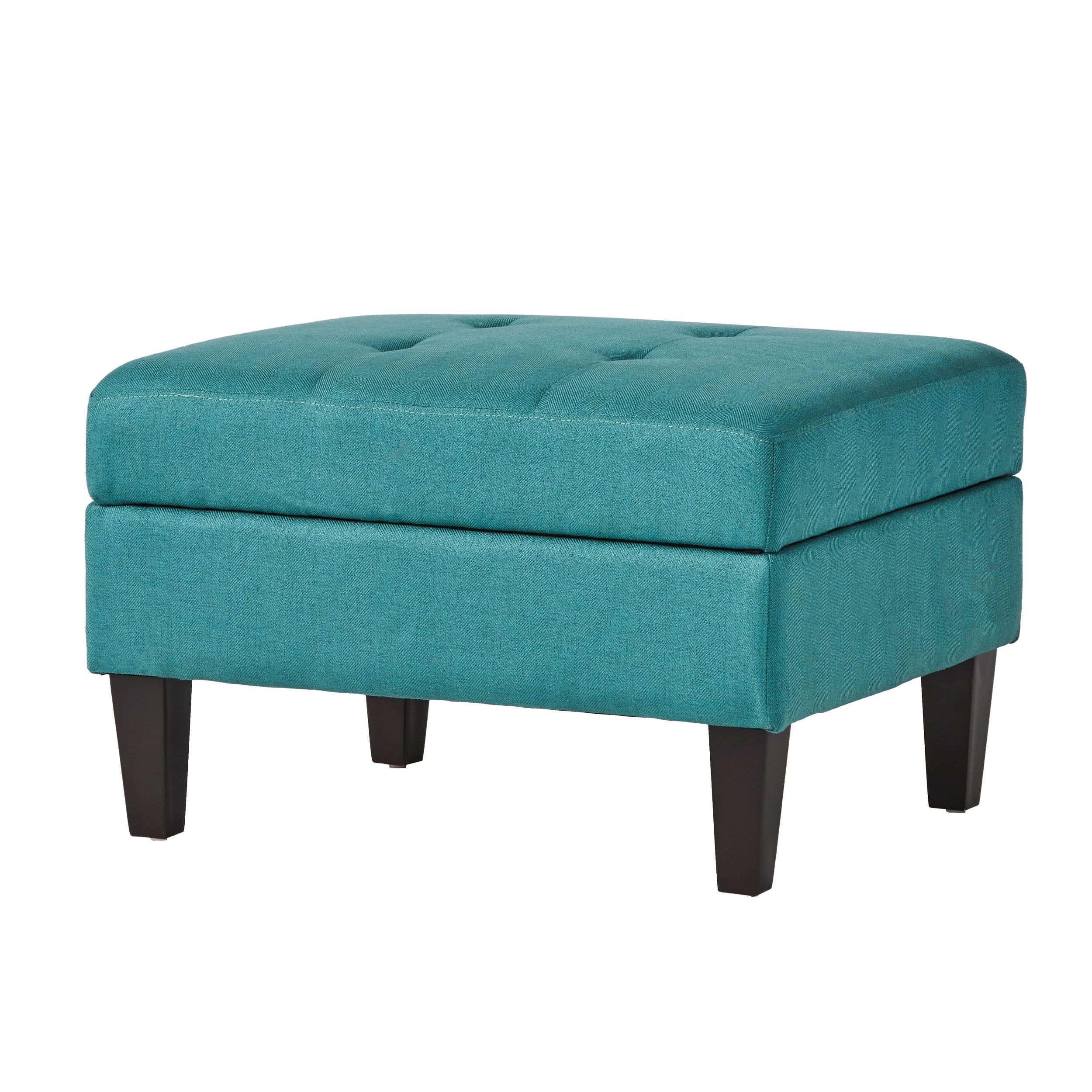 Teal Tufted Fabric Storage Ottoman with Dark Brown Wood Legs