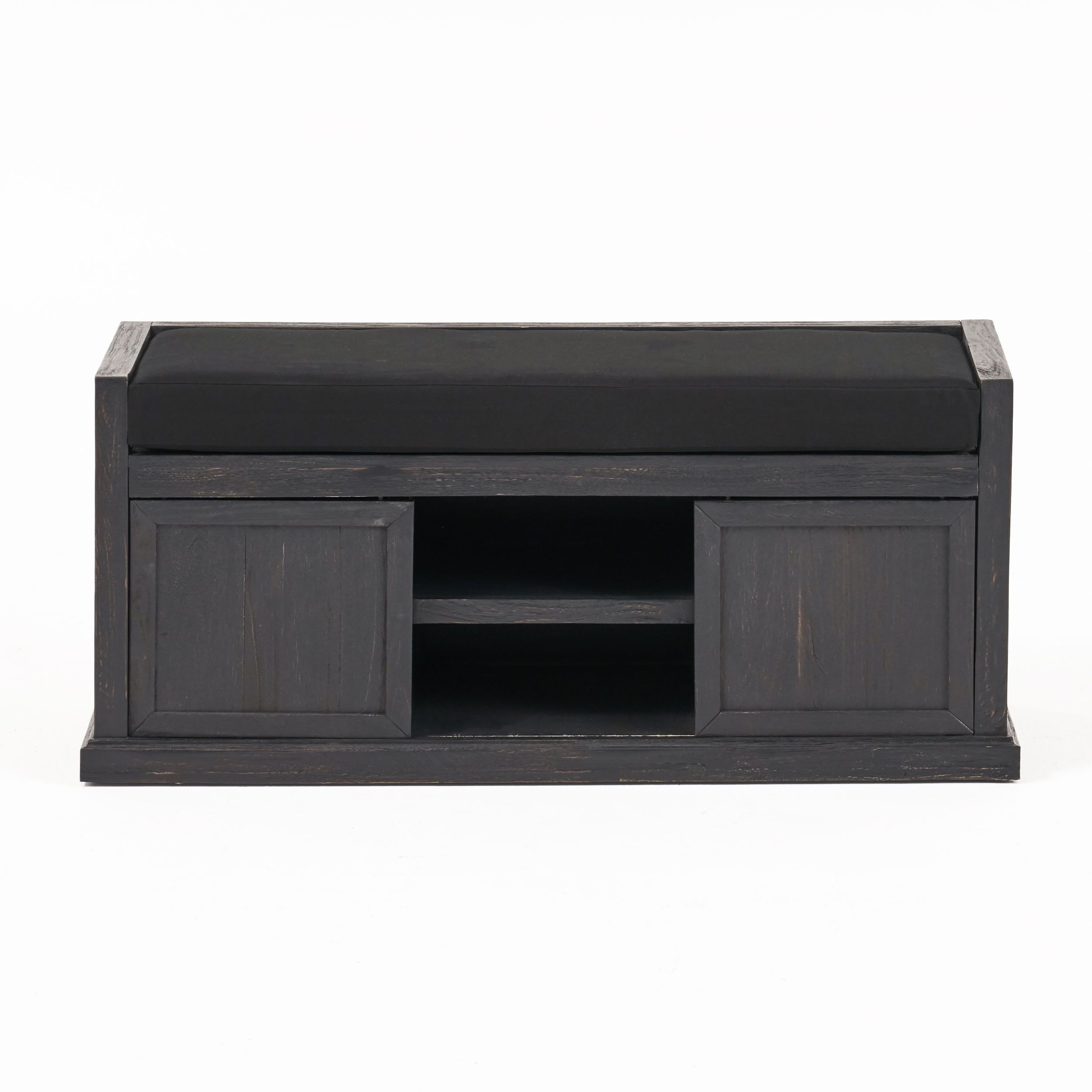 Sandblast Dark Gray Acacia Wood Storage Bench with Black Cushion