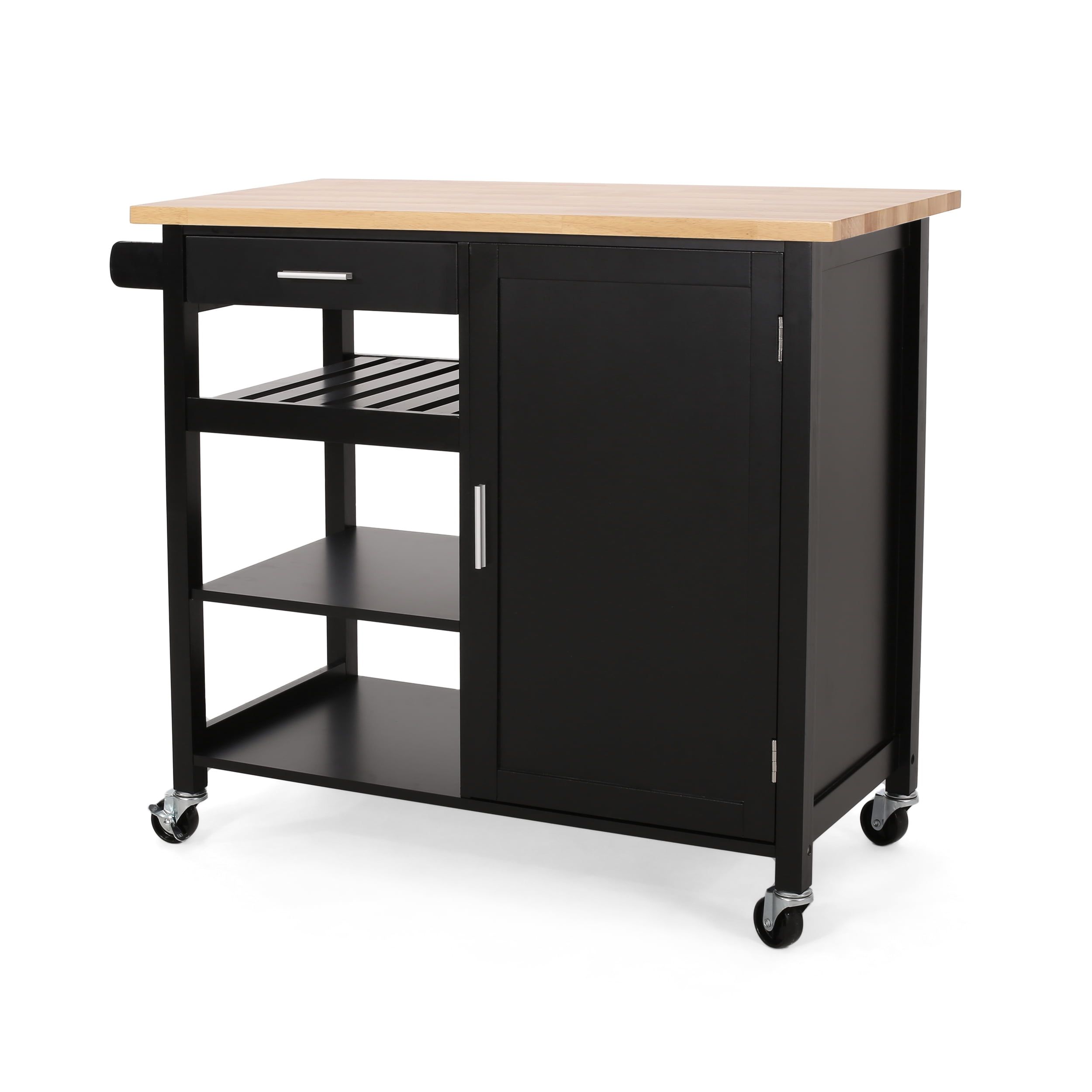 Black and Natural Wood Kitchen Cart with Storage