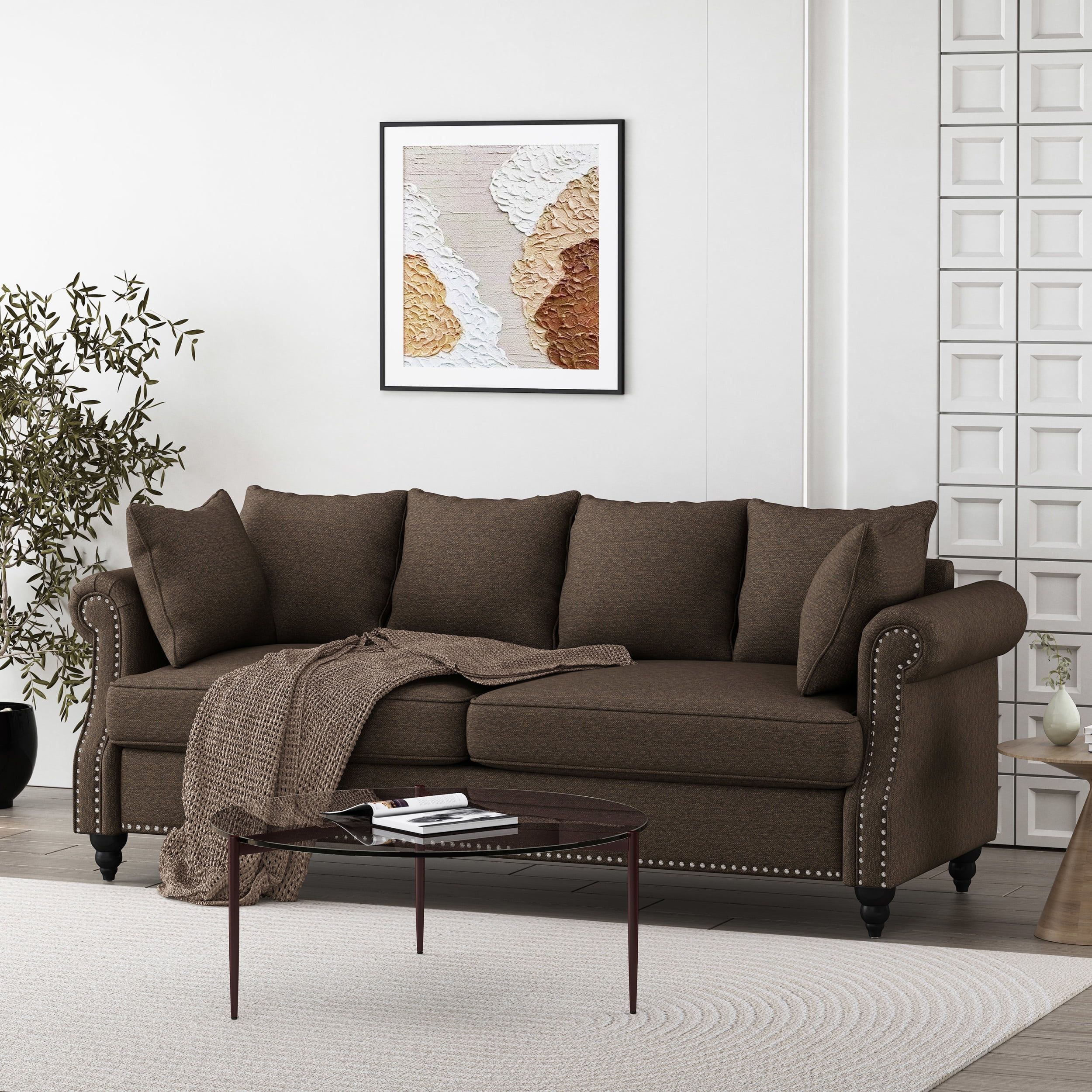 Classic Tufted Pillowback Lawson Sofa with Nailhead Trim, Brown