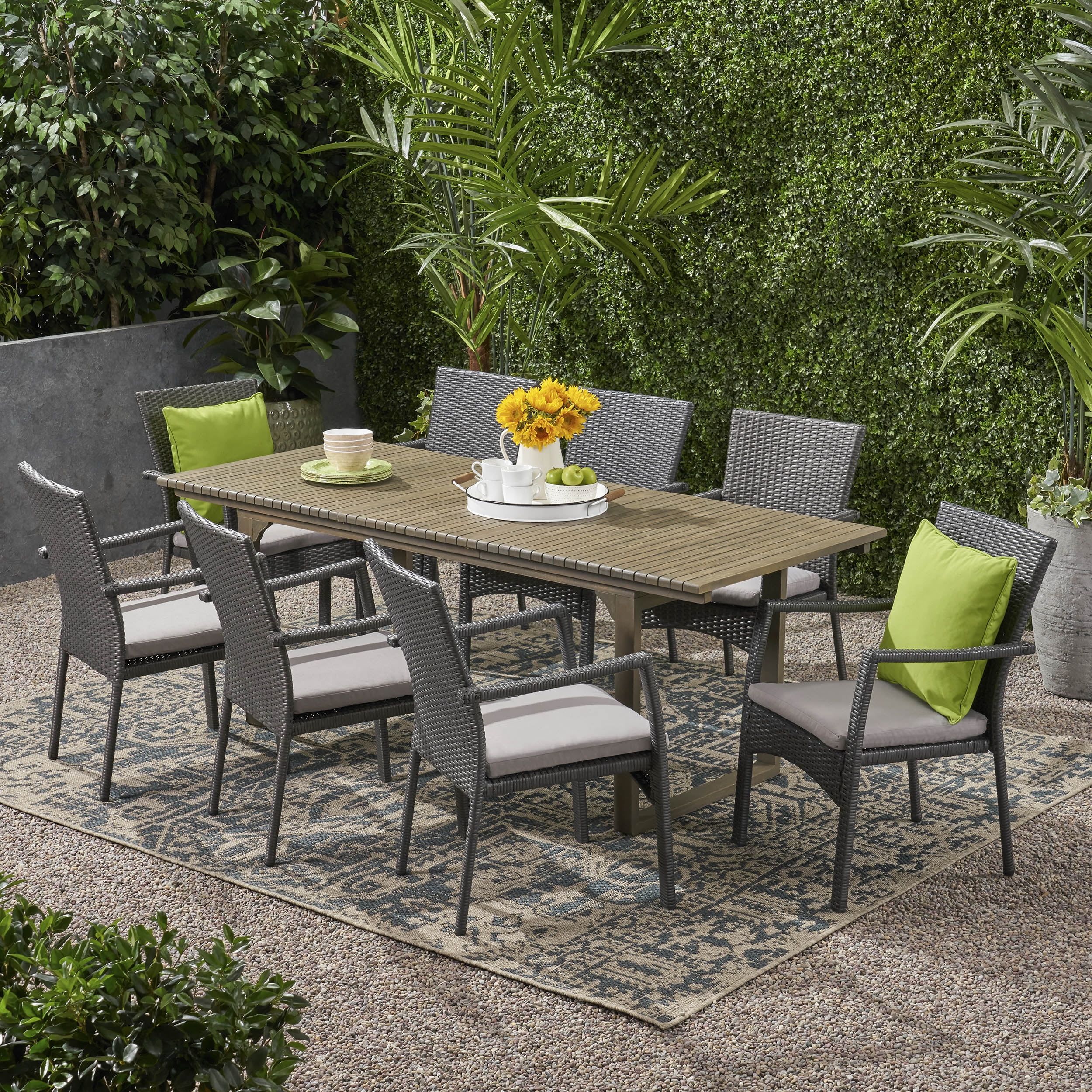 Gray Acacia Wood and Wicker 9-Piece Expandable Patio Dining Set