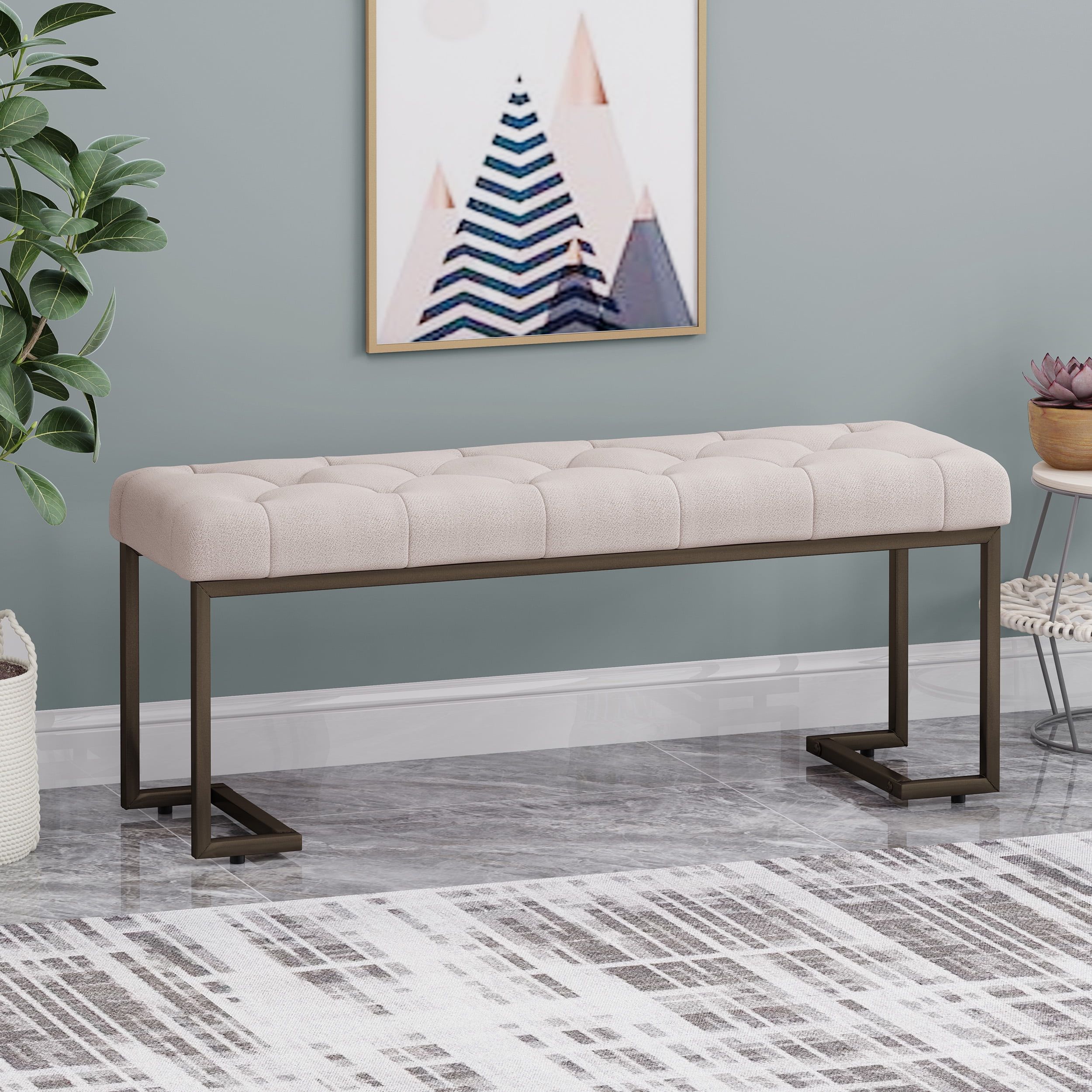 Beige and Bronze Upholstered Metal Frame Bedroom Bench