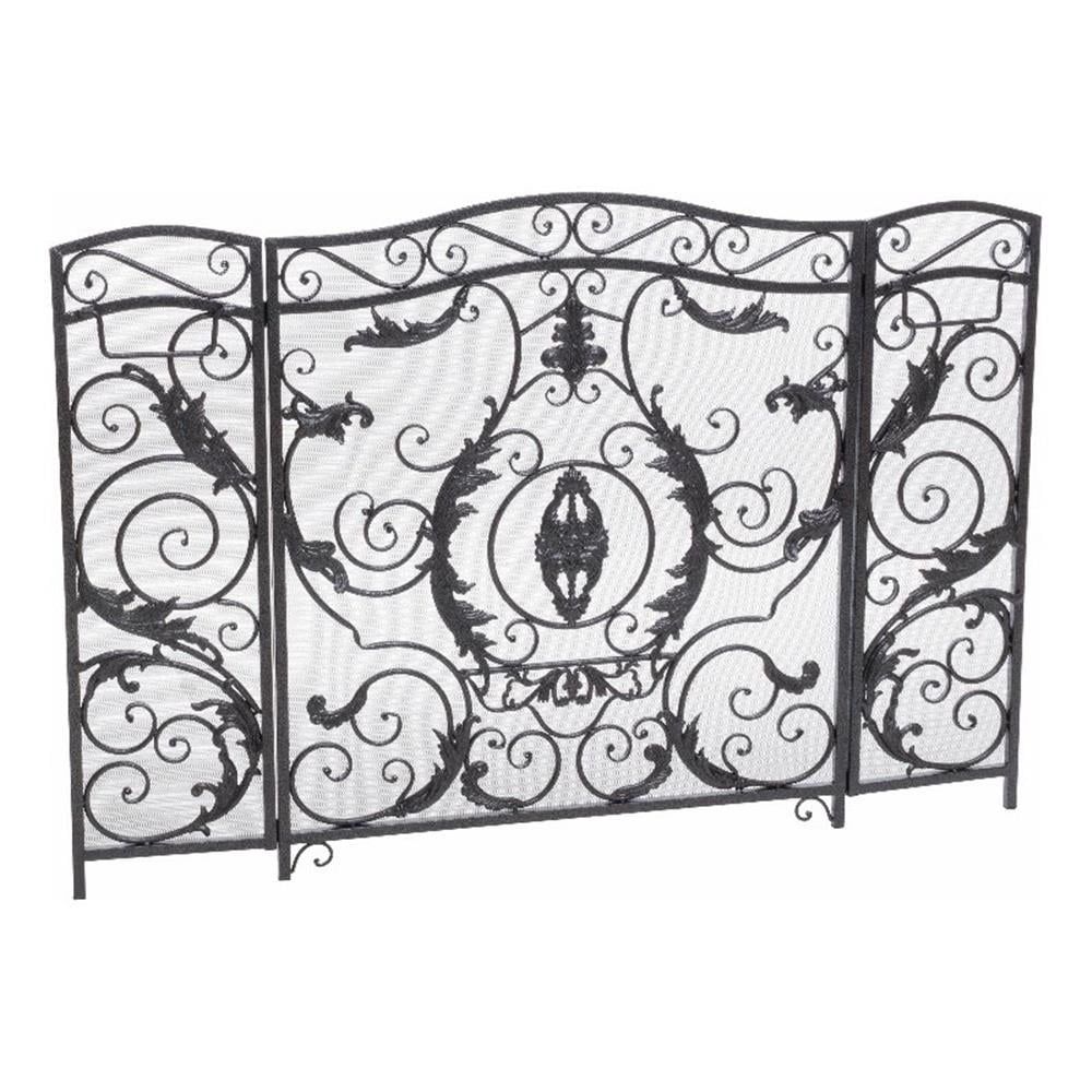 Ornate Black Iron Three-Panel Mesh Fireplace Screen