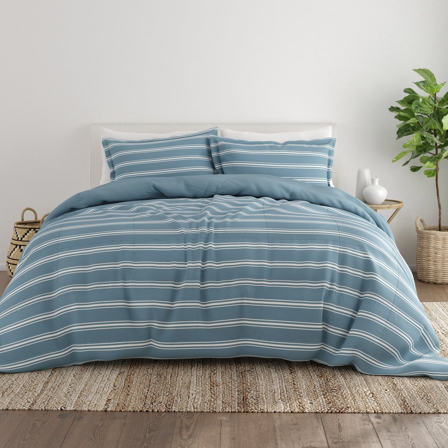 Light Blue Striped Microfiber Twin Reversible Duvet Set