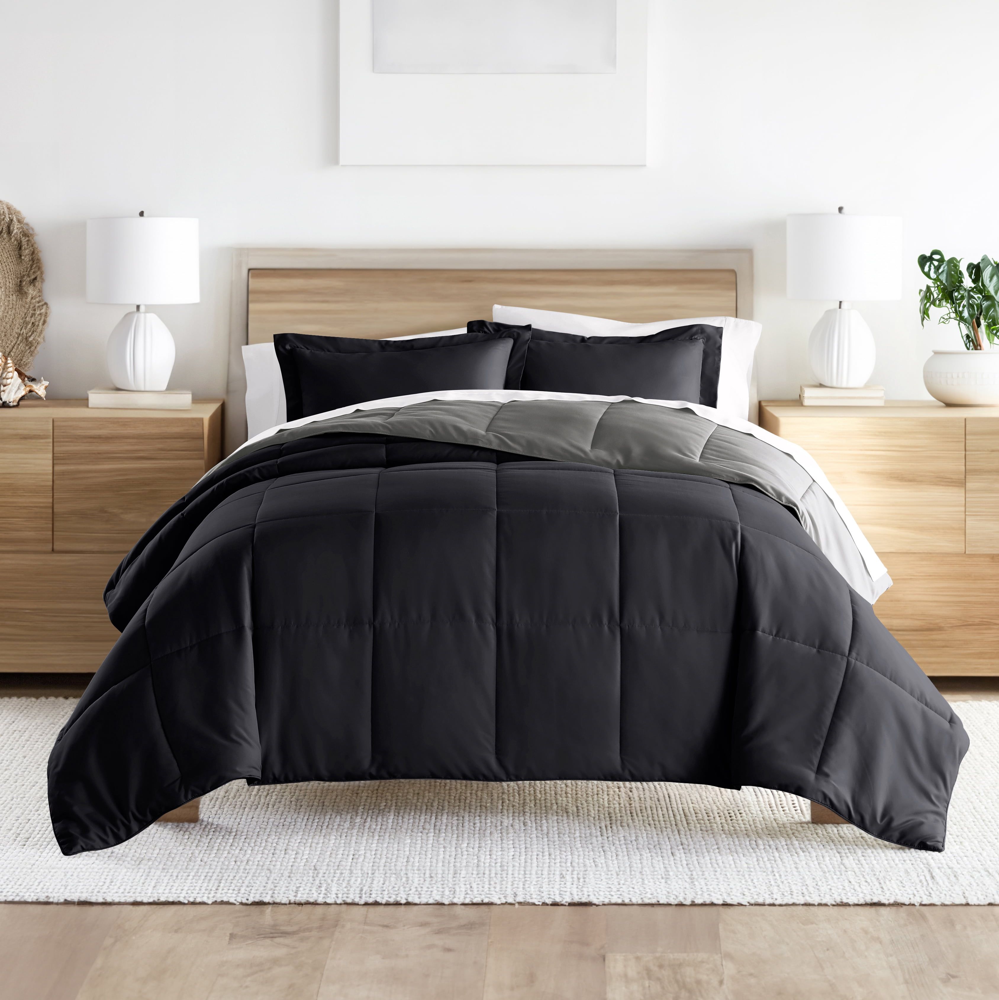 Full Black and Fog Reversible Down Alternative Comforter Set