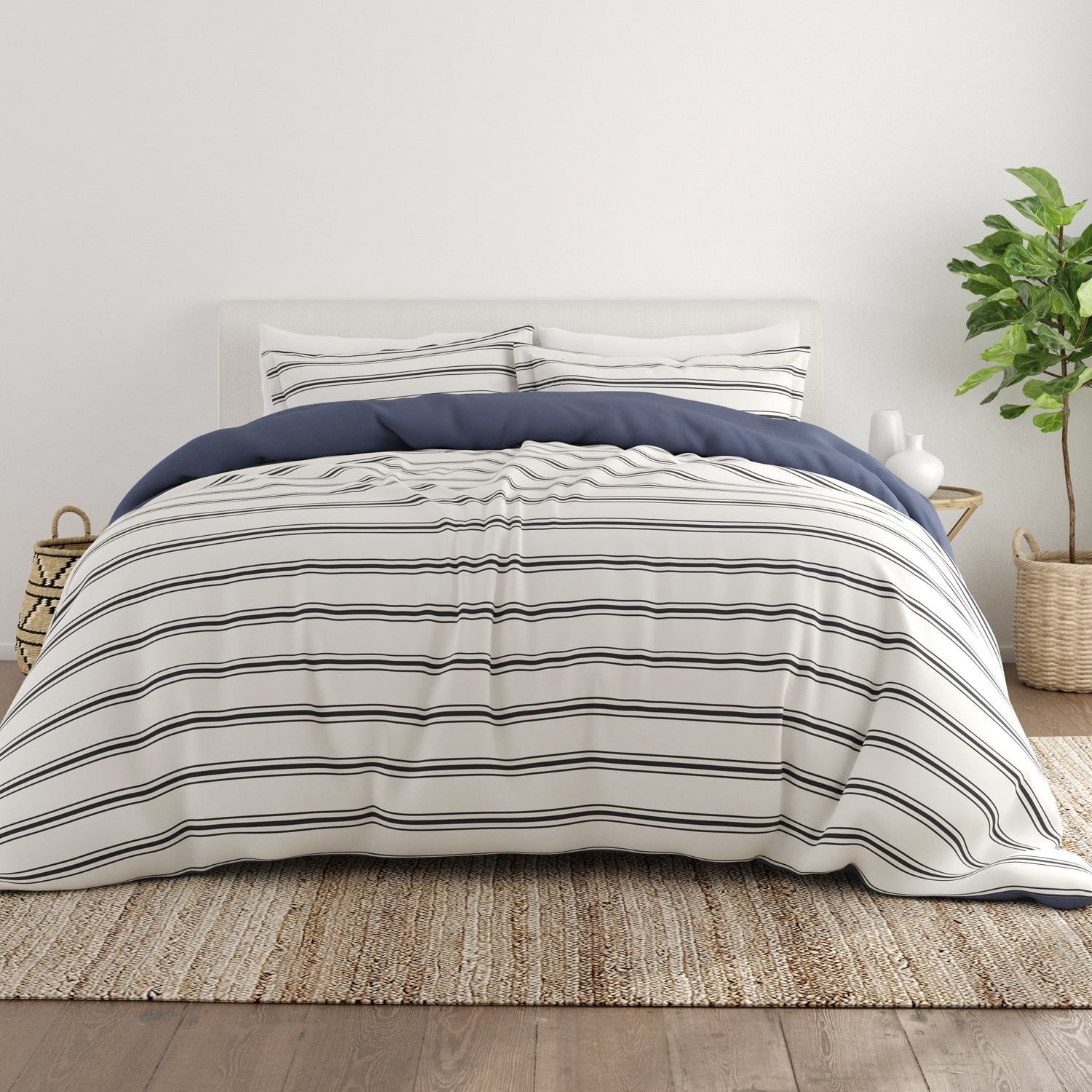 Navy and White Striped Microfiber King Duvet Cover Set