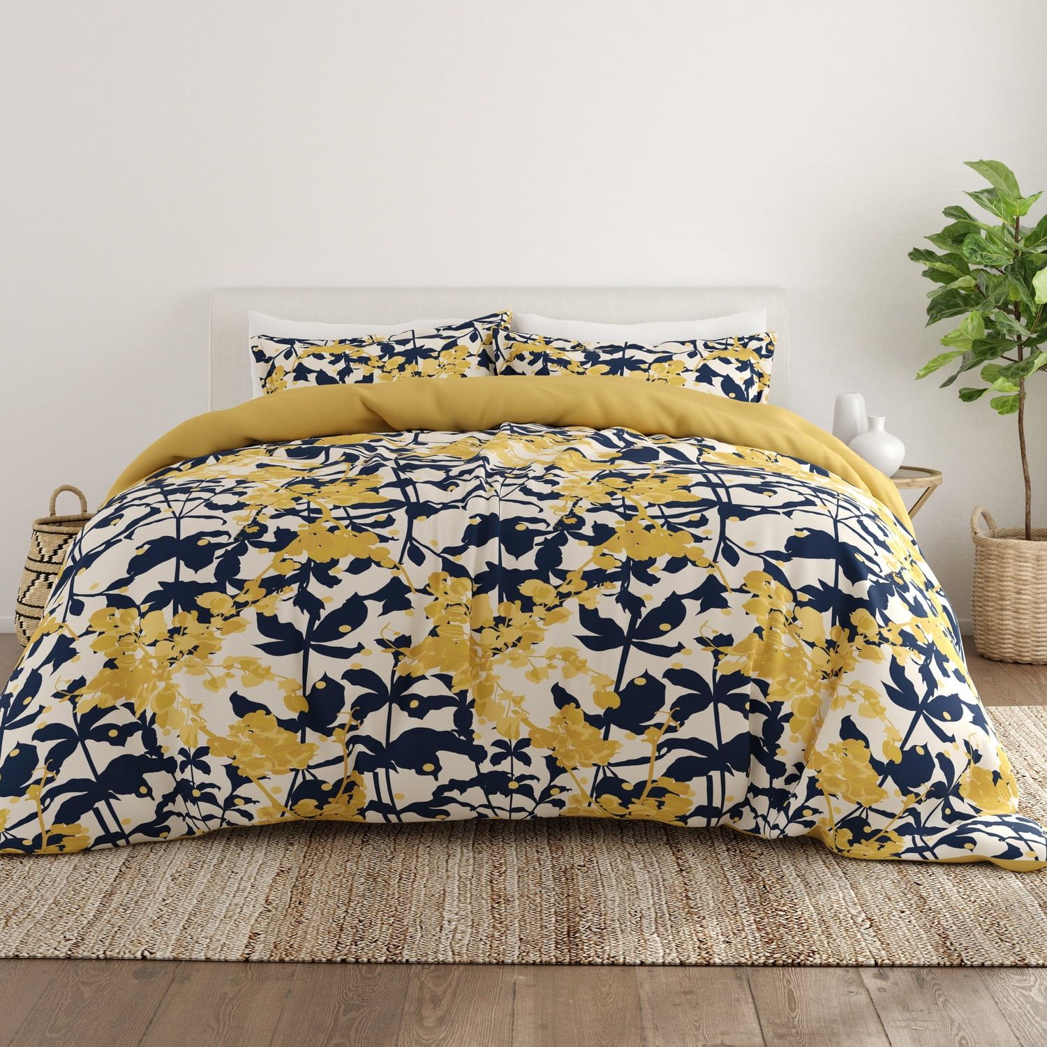 Yellow and Navy Floral Reversible Twin Duvet Cover Set