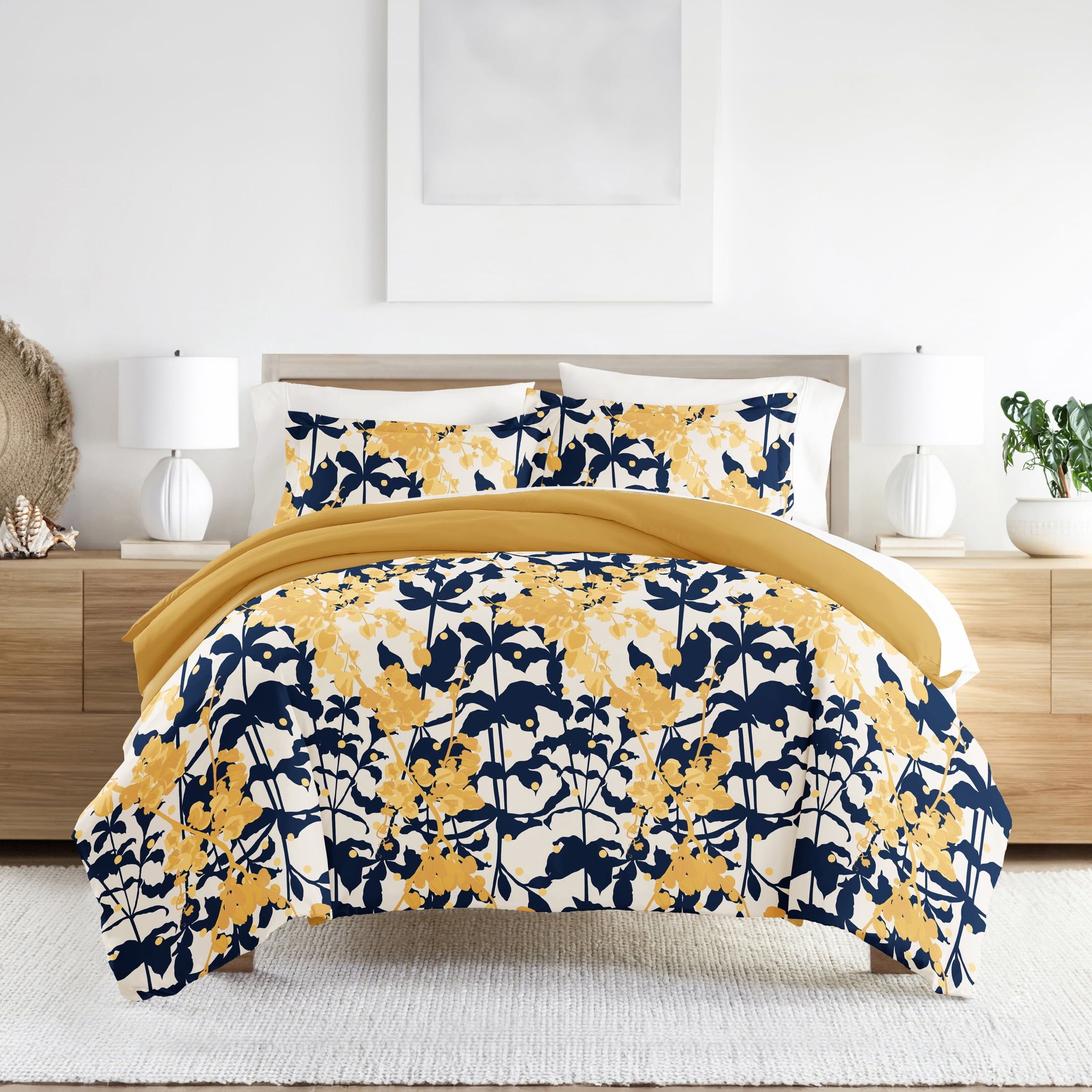 Yellow and Navy Boho Floral King/California King Duvet Cover Set