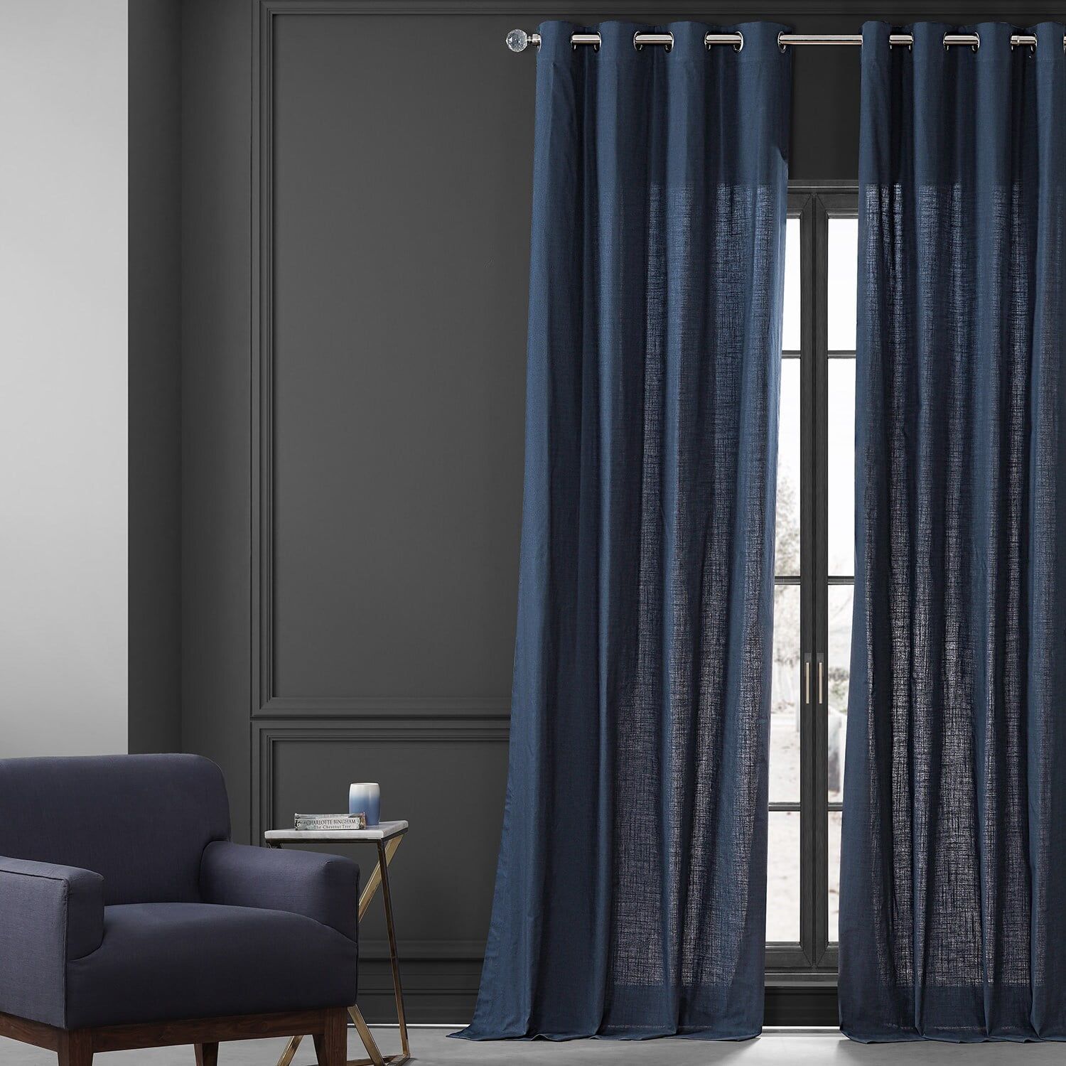 Noble Navy Cotton Light-Filtering Rod Pocket Curtains, 50W x 96L