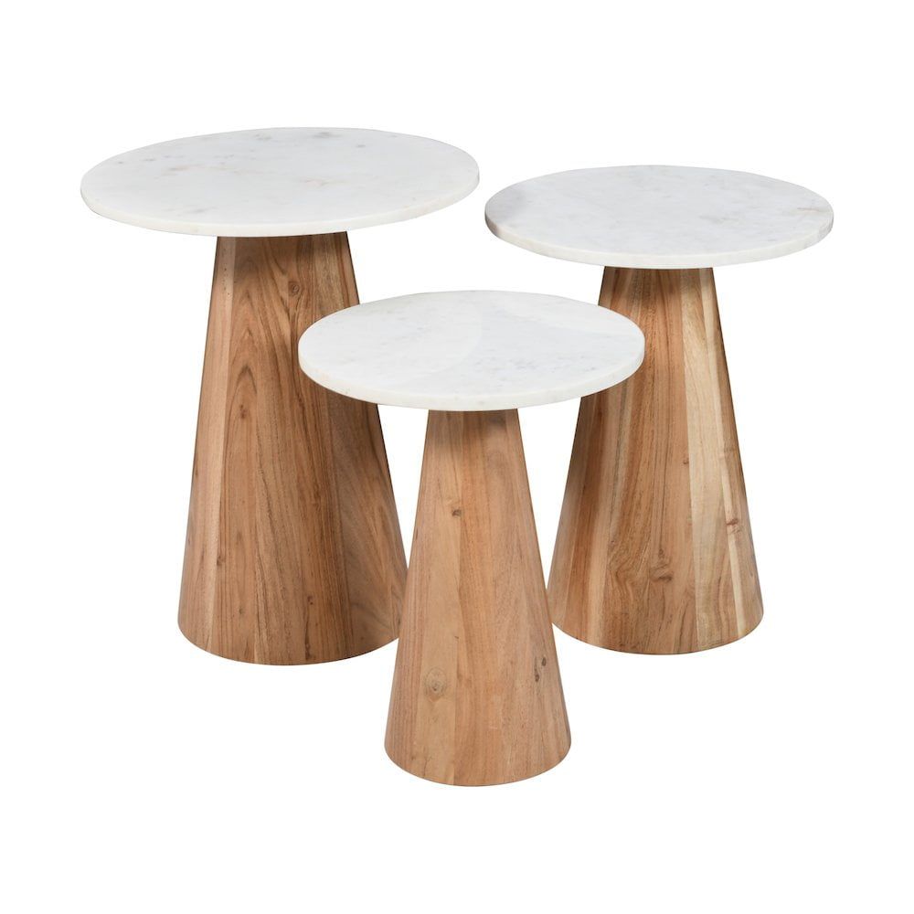 Nolan Mid-Century Modern Marble and Mango Wood Round Accent Tables