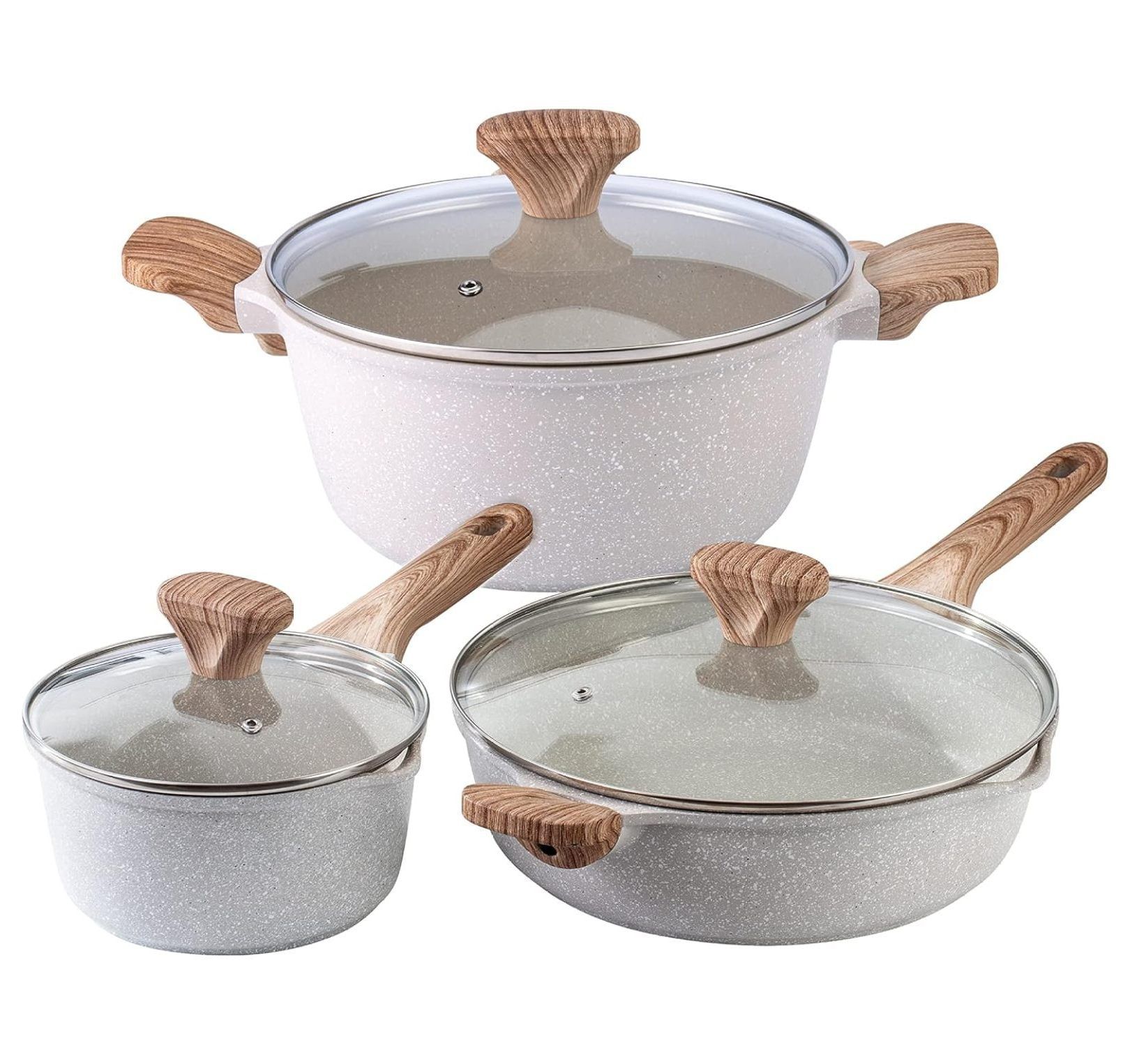 Speckled Cream Non-Stick Aluminum Cookware Set with Glass Lids, 6 Pc