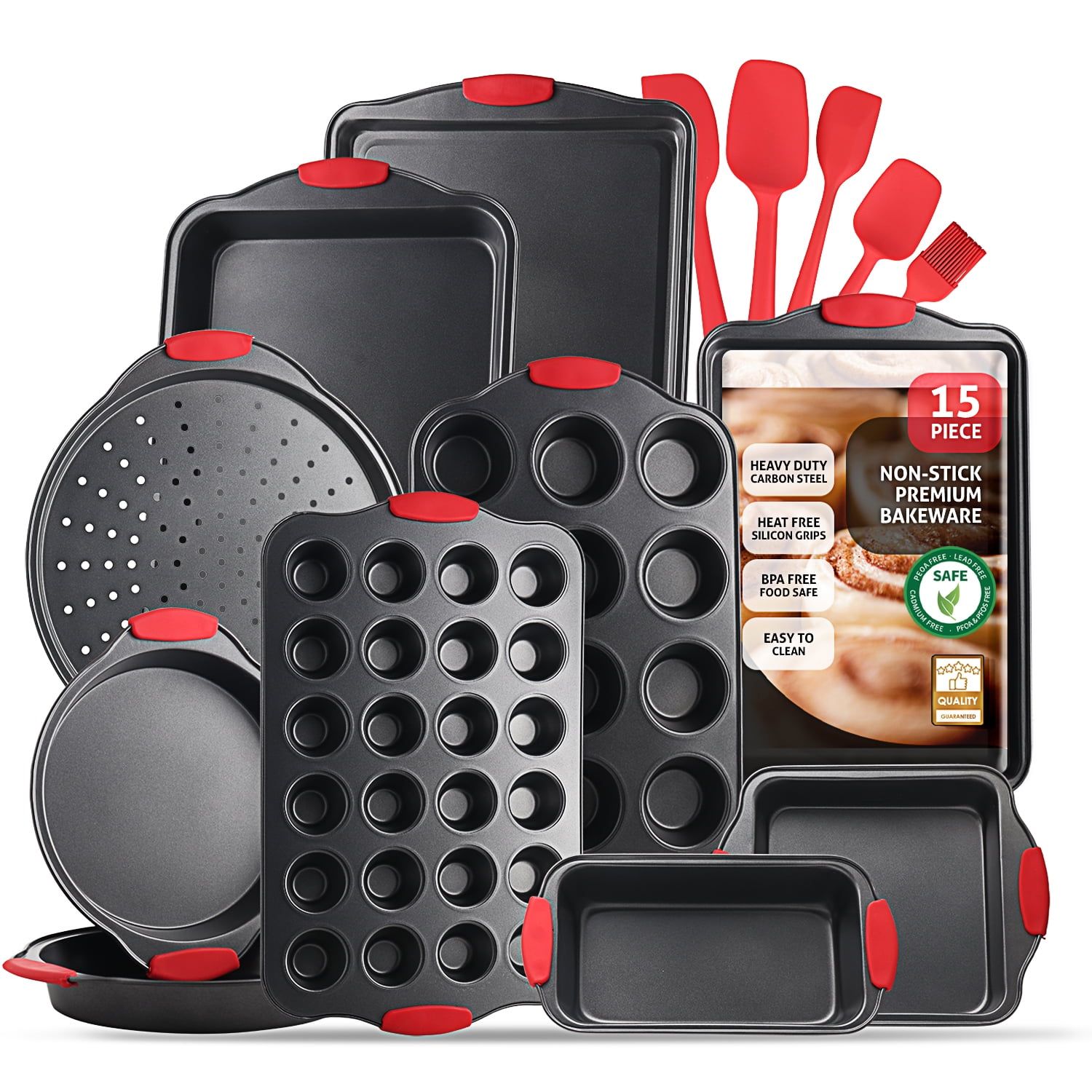 15-Piece Black Carbon Steel Nonstick Bakeware Set with Red Silicone Handles