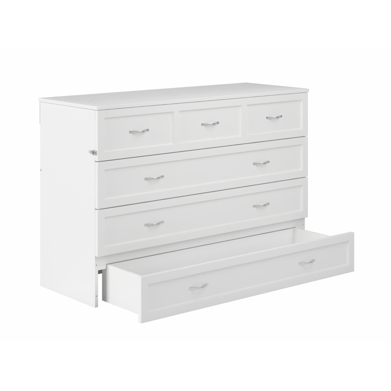 White Queen Murphy Bed Chest with Upholstered Wood Frame and Drawer