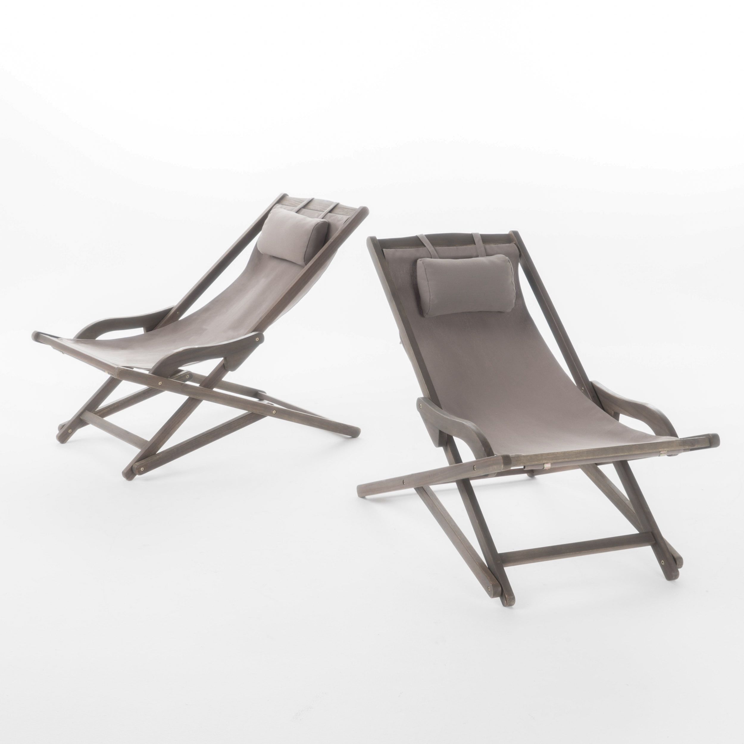 Eucalyptus Wood & Grey Canvas Outdoor Sling Chair Set