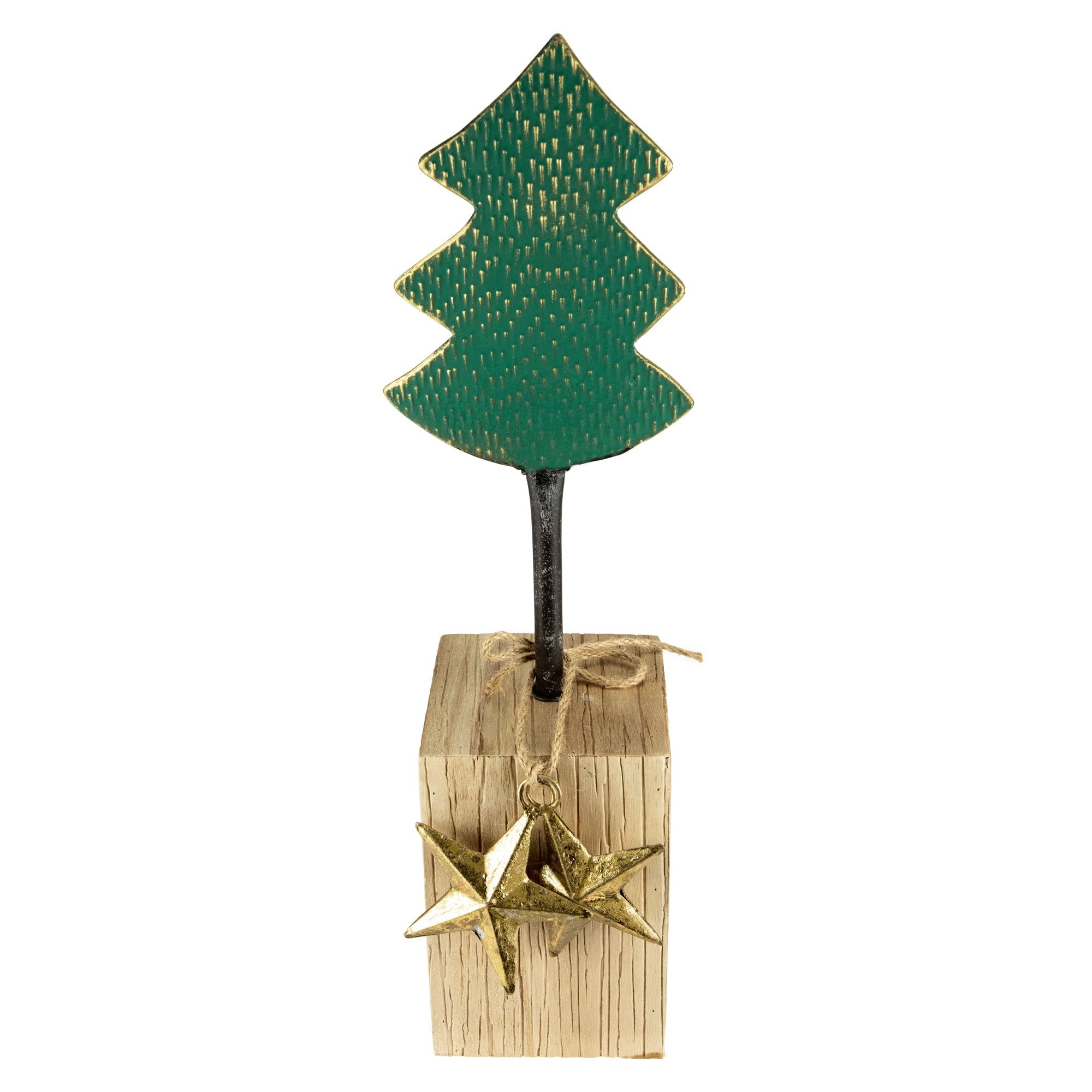 16.75" Green Metal Tree with Chunky Wood Base Christmas Decor