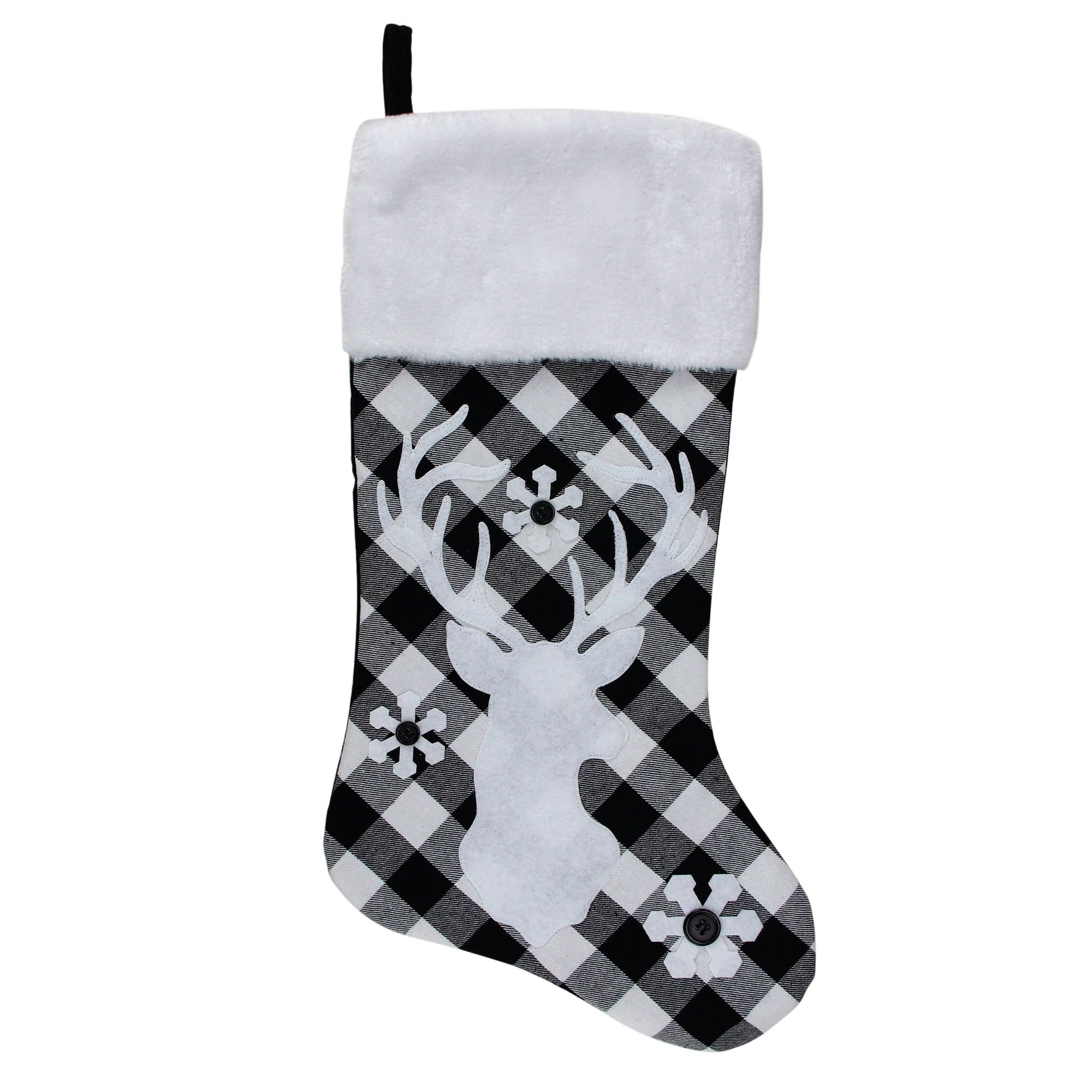 Black and White Plaid Reindeer Snowflake Christmas Stocking with Faux Fur Cuff