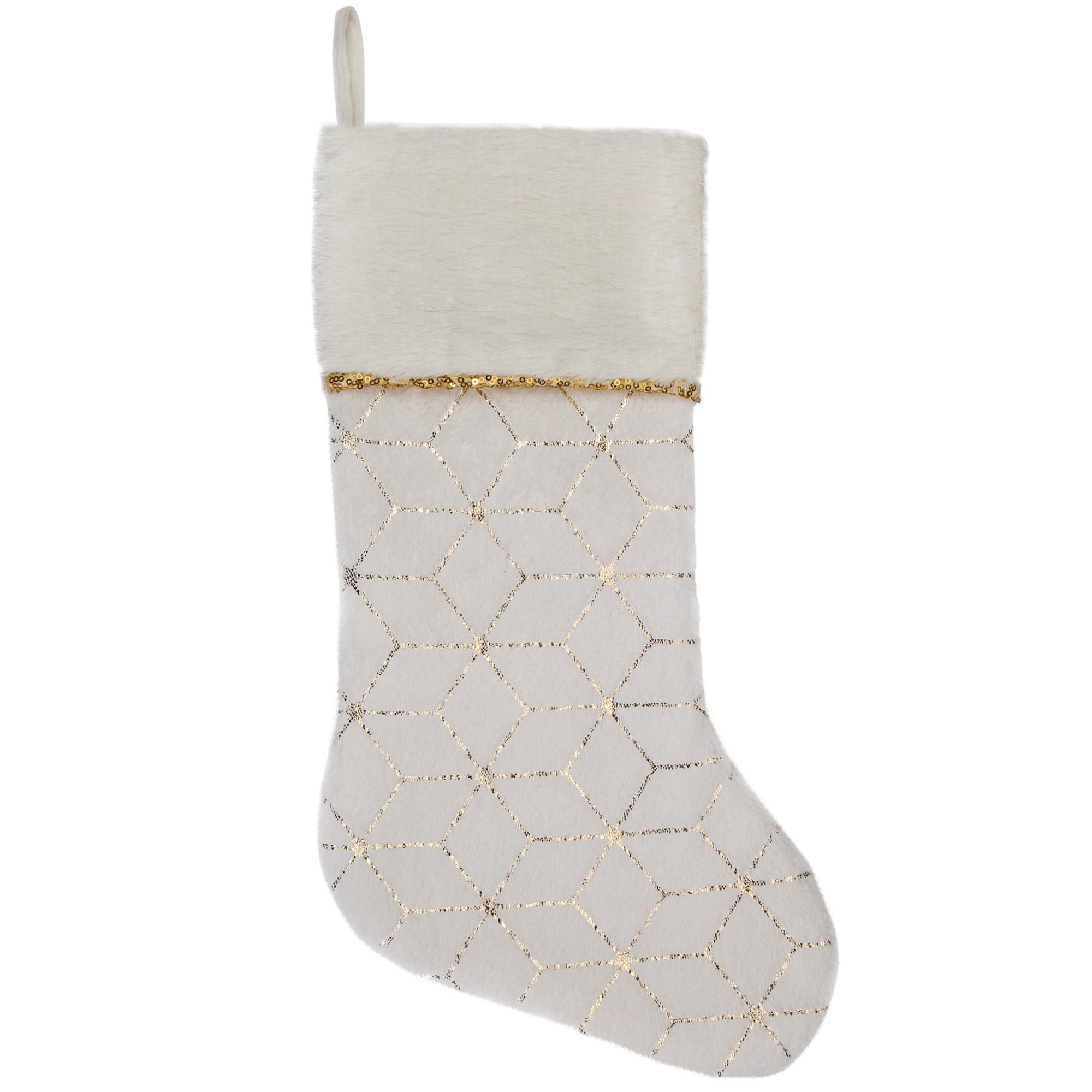 20" Cream and Gold Faux Fur Christmas Stocking with Geometric Pattern