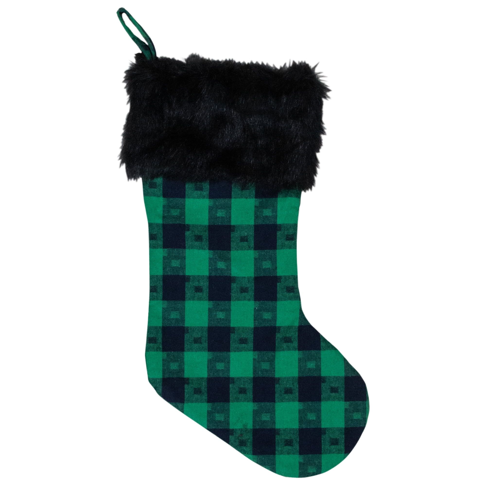 Green and Black Plaid Christmas Stocking with Faux Fur Trim