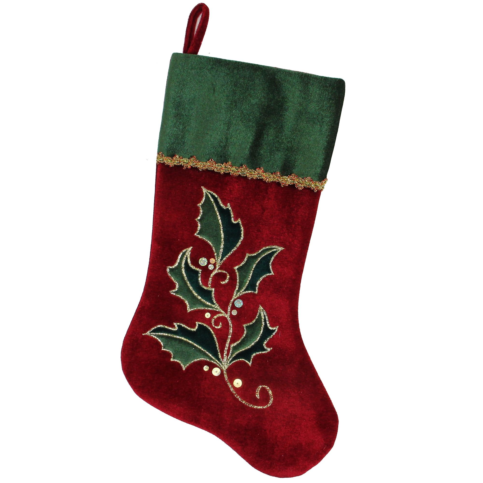 Red and Green Velvet Christmas Stocking with Holly Embroidery