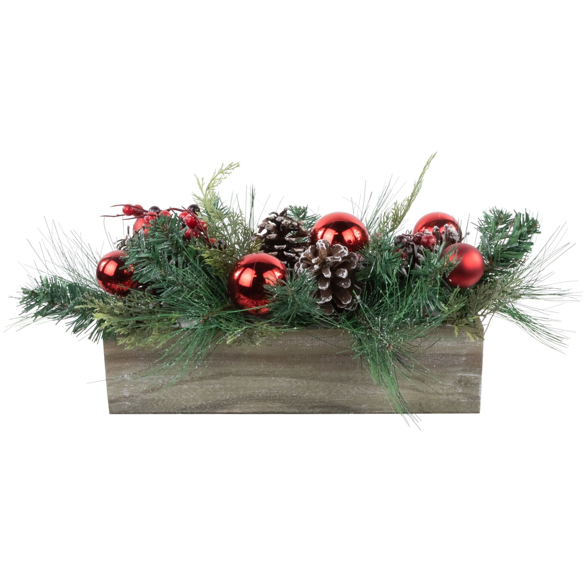 Festive Frosted Pine and Red Ornaments 24" Tabletop Christmas Arrangement