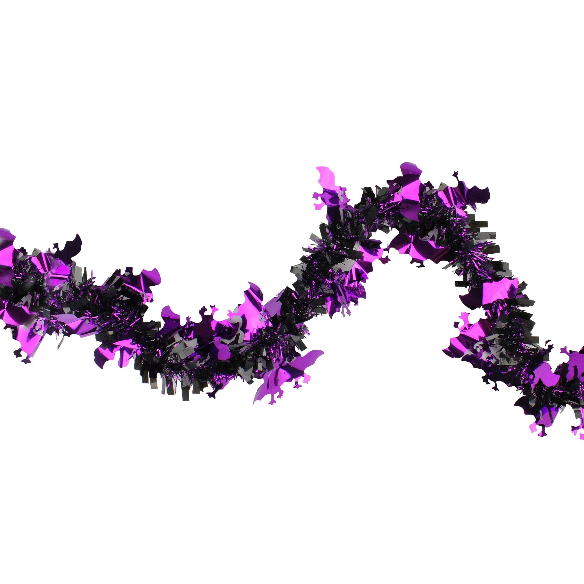 Black and Purple Halloween Tinsel Garland with Bats, 50 Feet