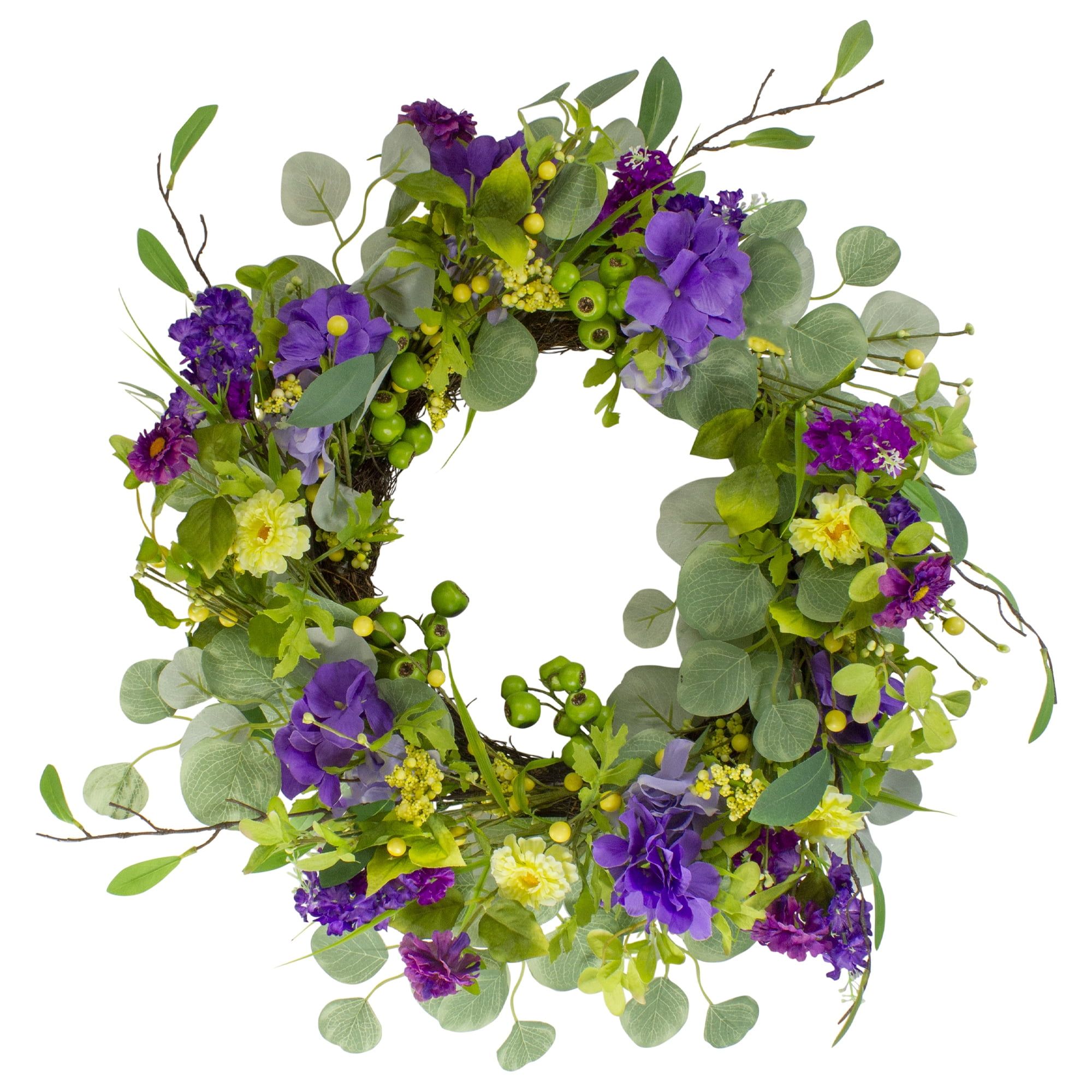 Purple and Yellow Eucalyptus Hydrangea Spring Wreath 23"