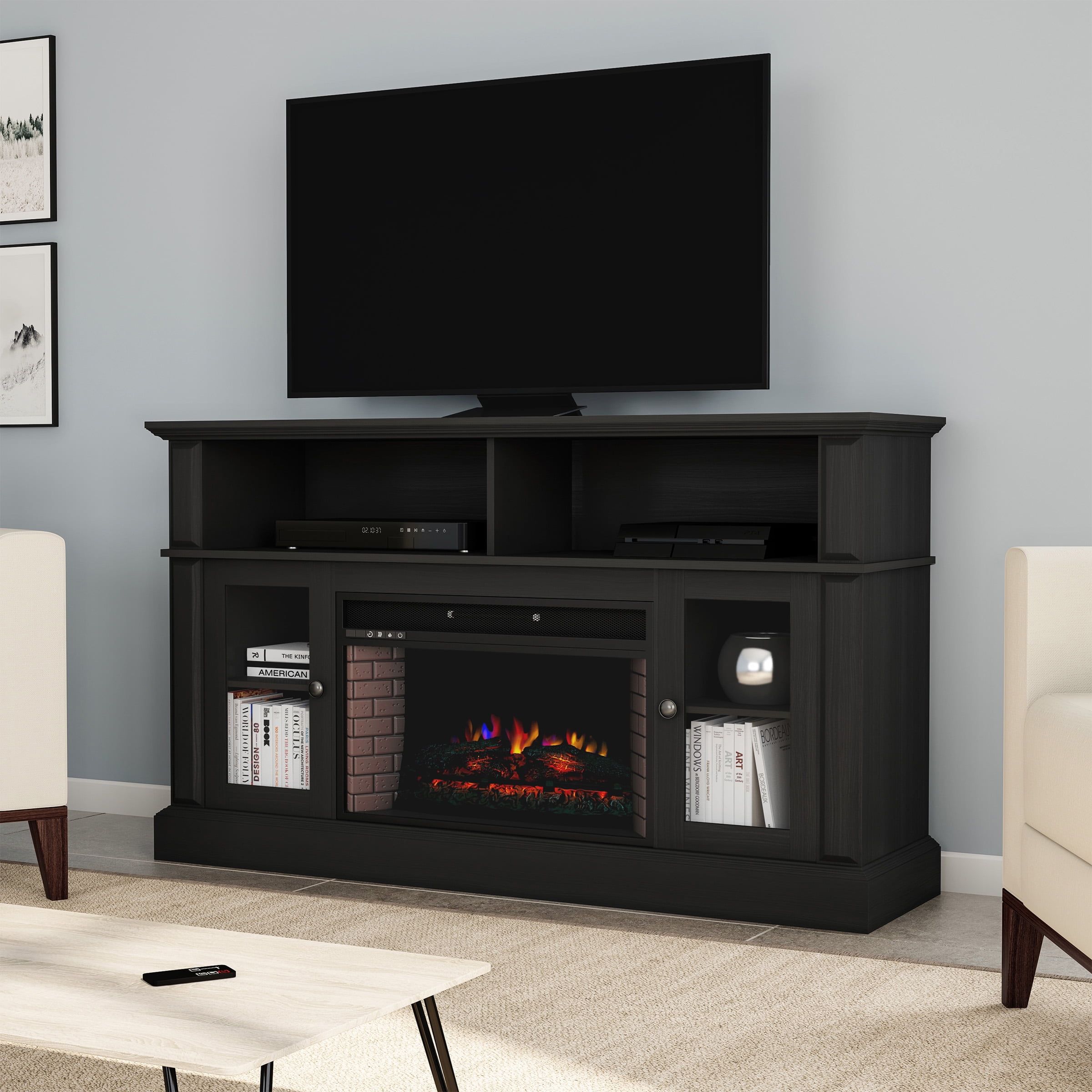 Black Metal Freestanding Electric Fireplace TV Stand with Cabinet