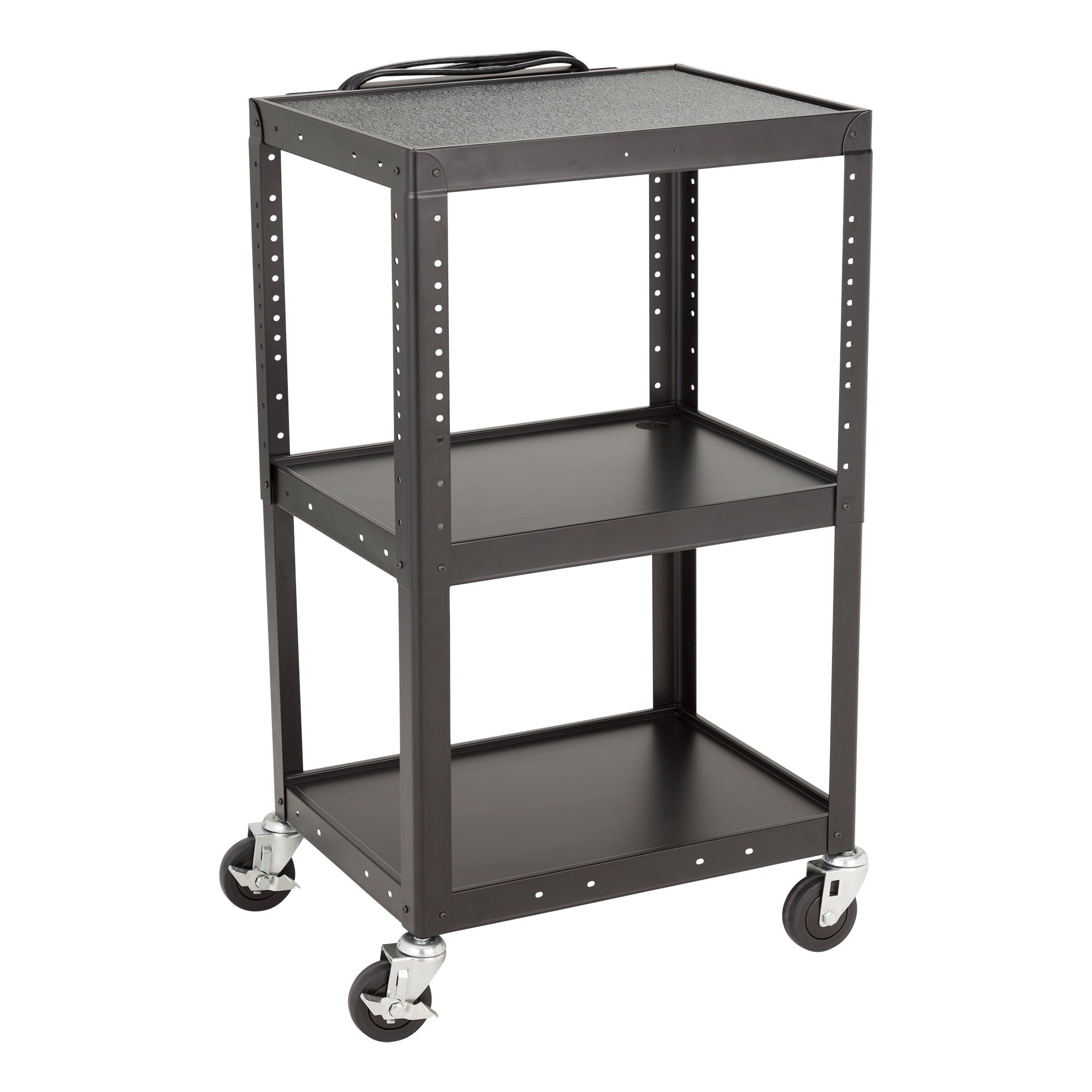 Adjustable Height Black Metal AV Cart with Electric Power Strip