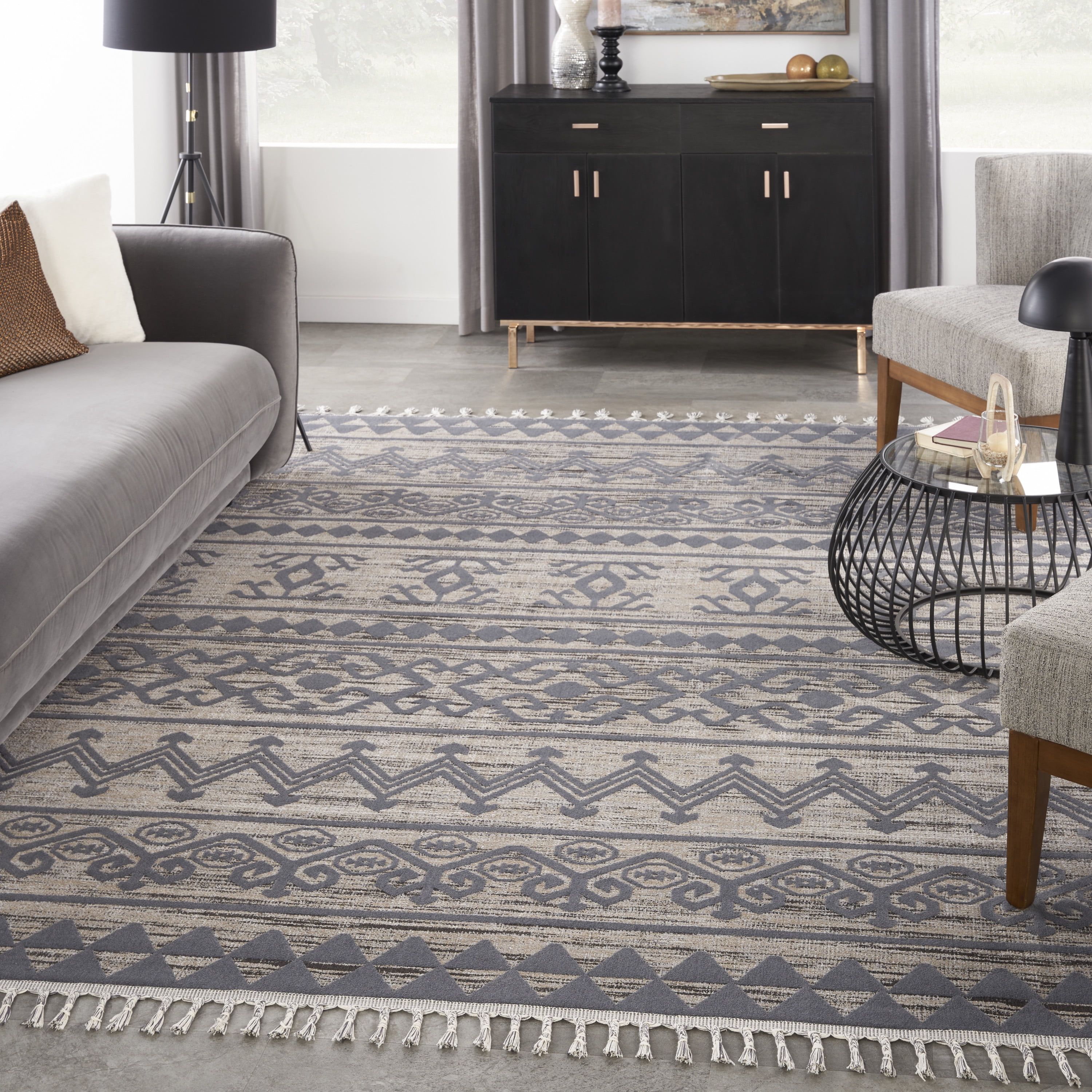 Mocha and Charcoal Geometric Braided Fringe 9' x 12' Area Rug