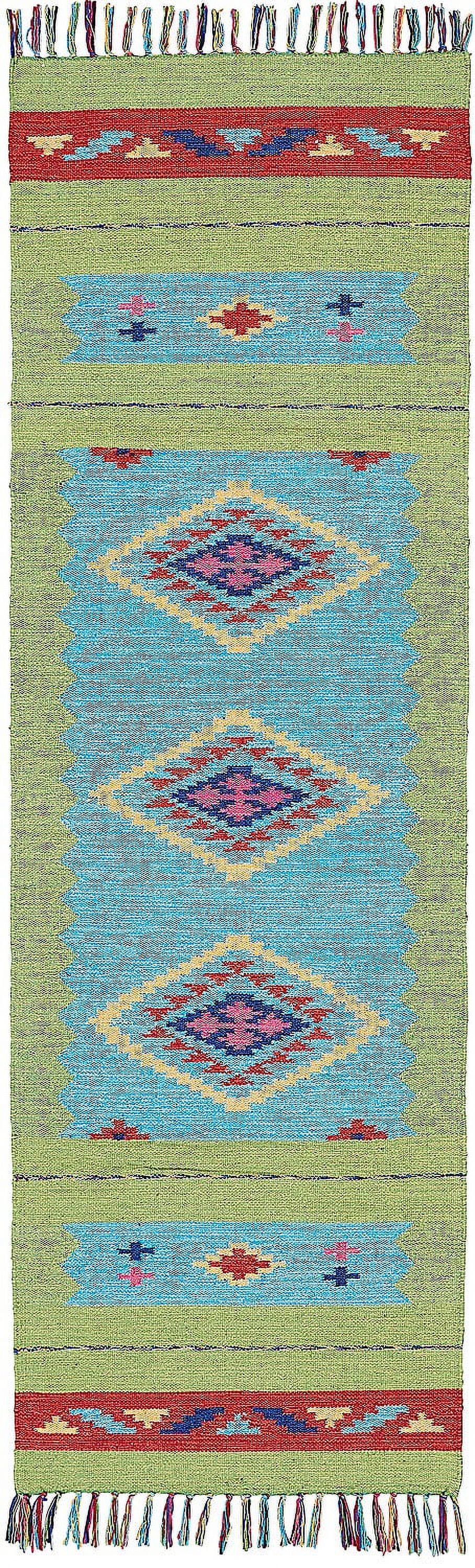 Southwestern Mirage Blue/Green Handmade Cotton Blend Runner Rug 2'3" x 7'6"