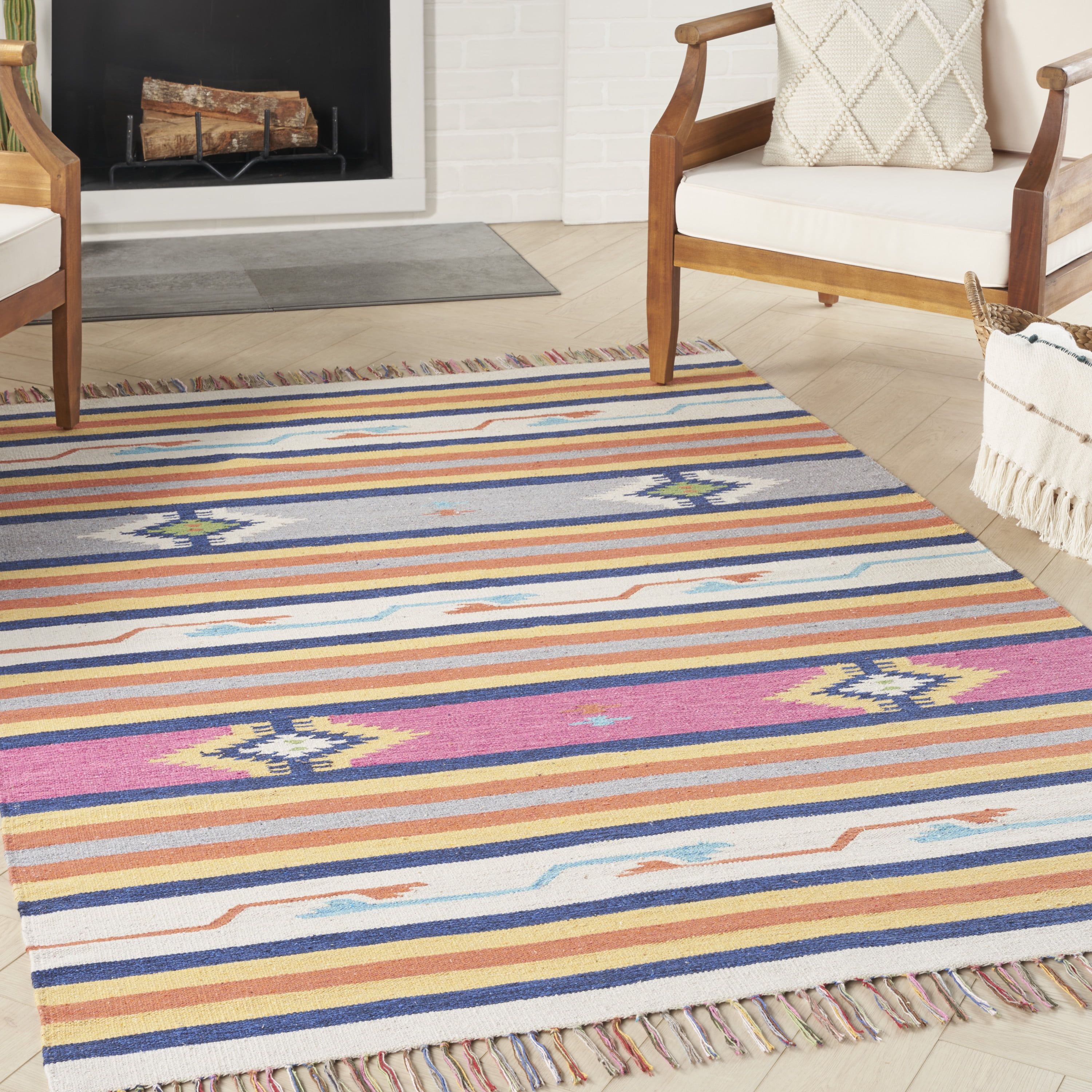 Ivory and Multicolor Cotton Synthetic 6'6" x 9'6" Reversible Area Rug