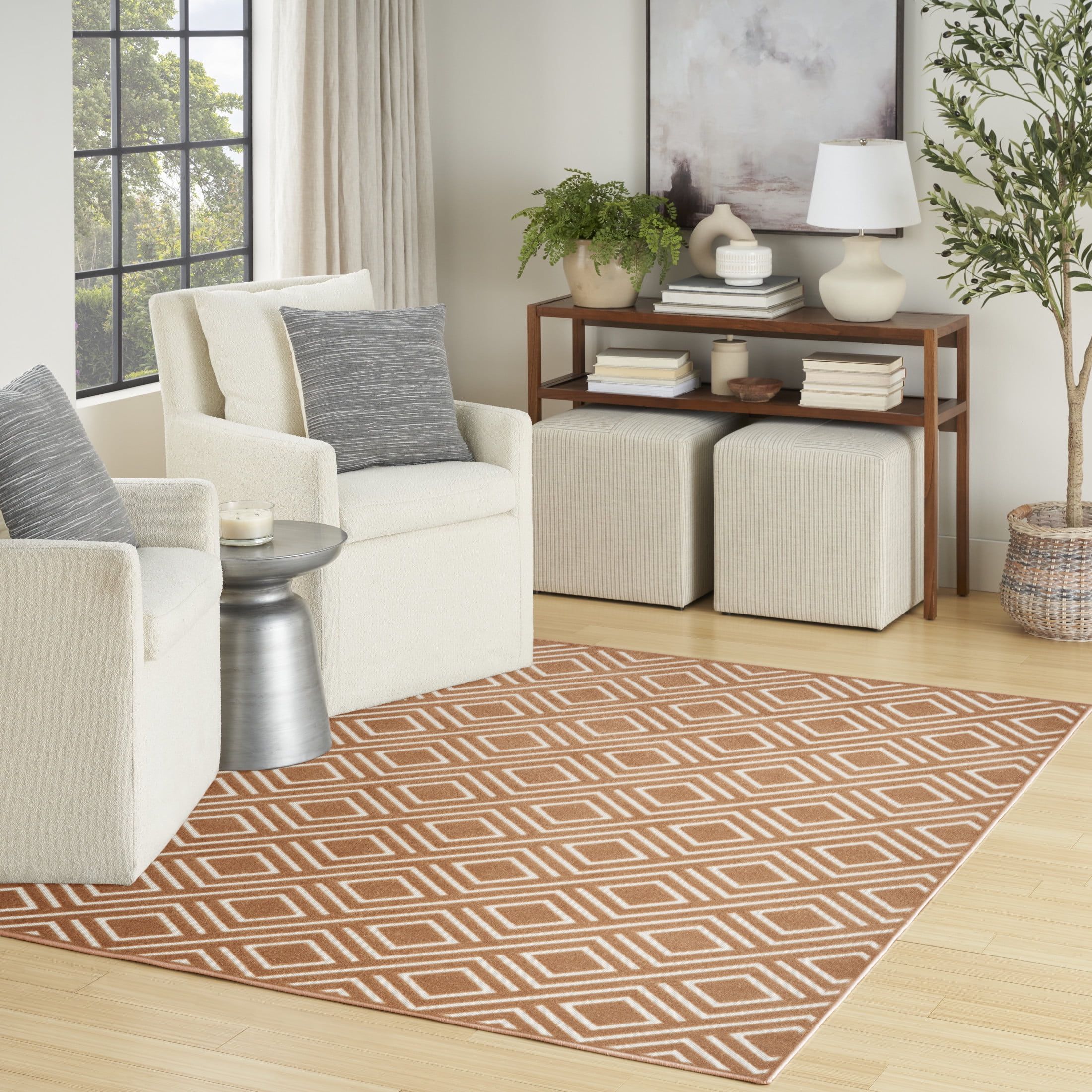 Copper and White Geometric Pattern Rectangular Area Rug