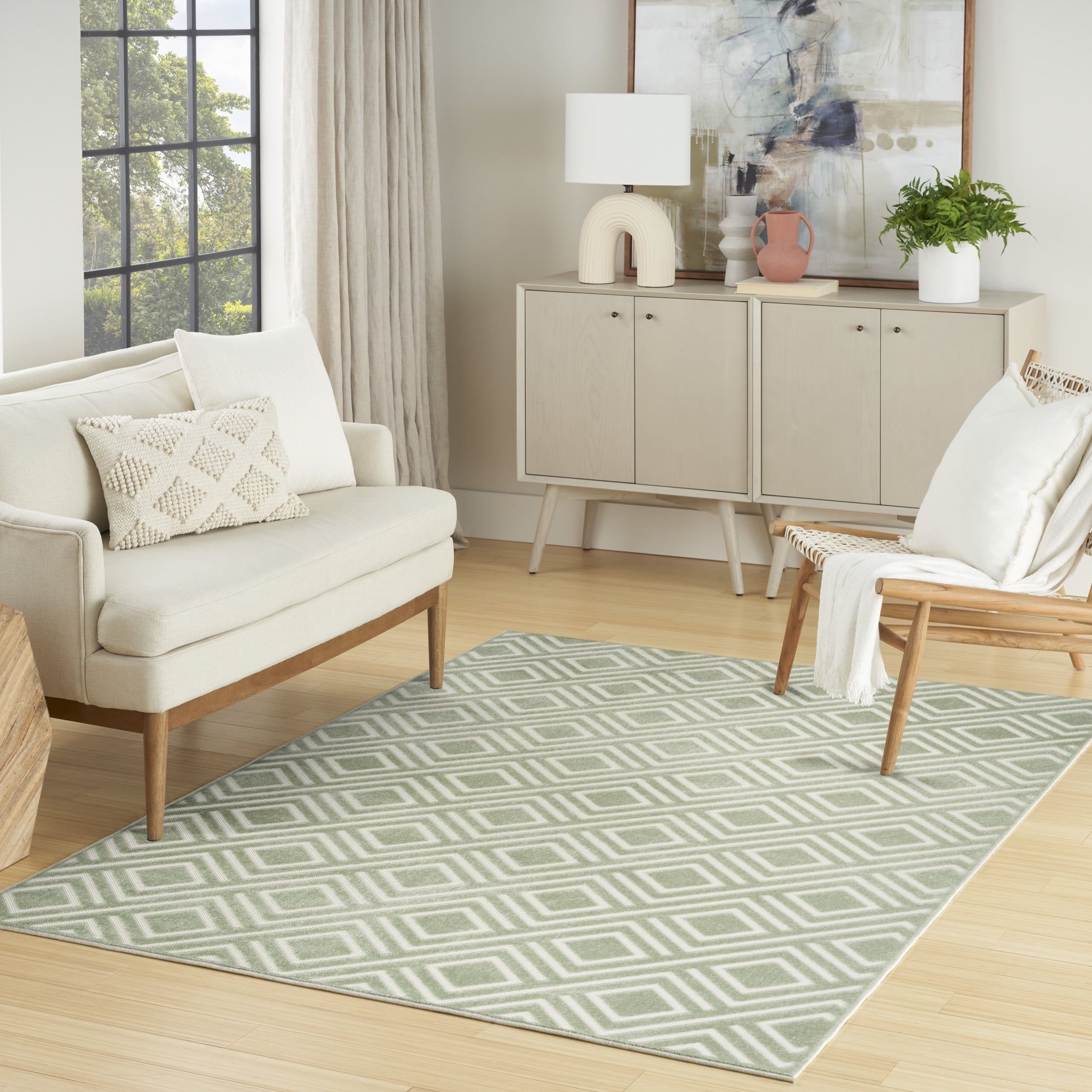 Green and White Geometric Pattern Rectangular Synthetic Rug