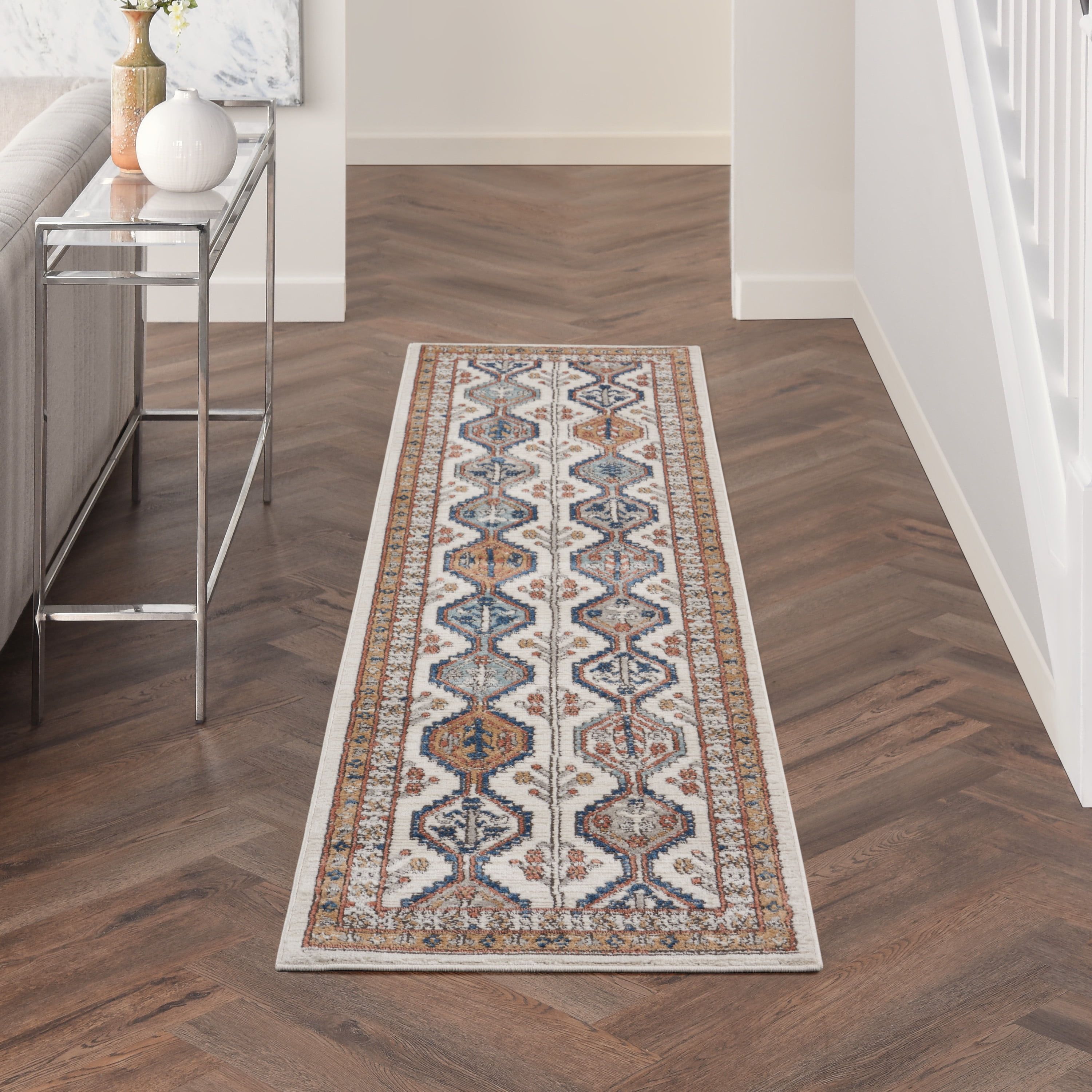 Ivory and Multicolor Geometric Persian Runner Rug