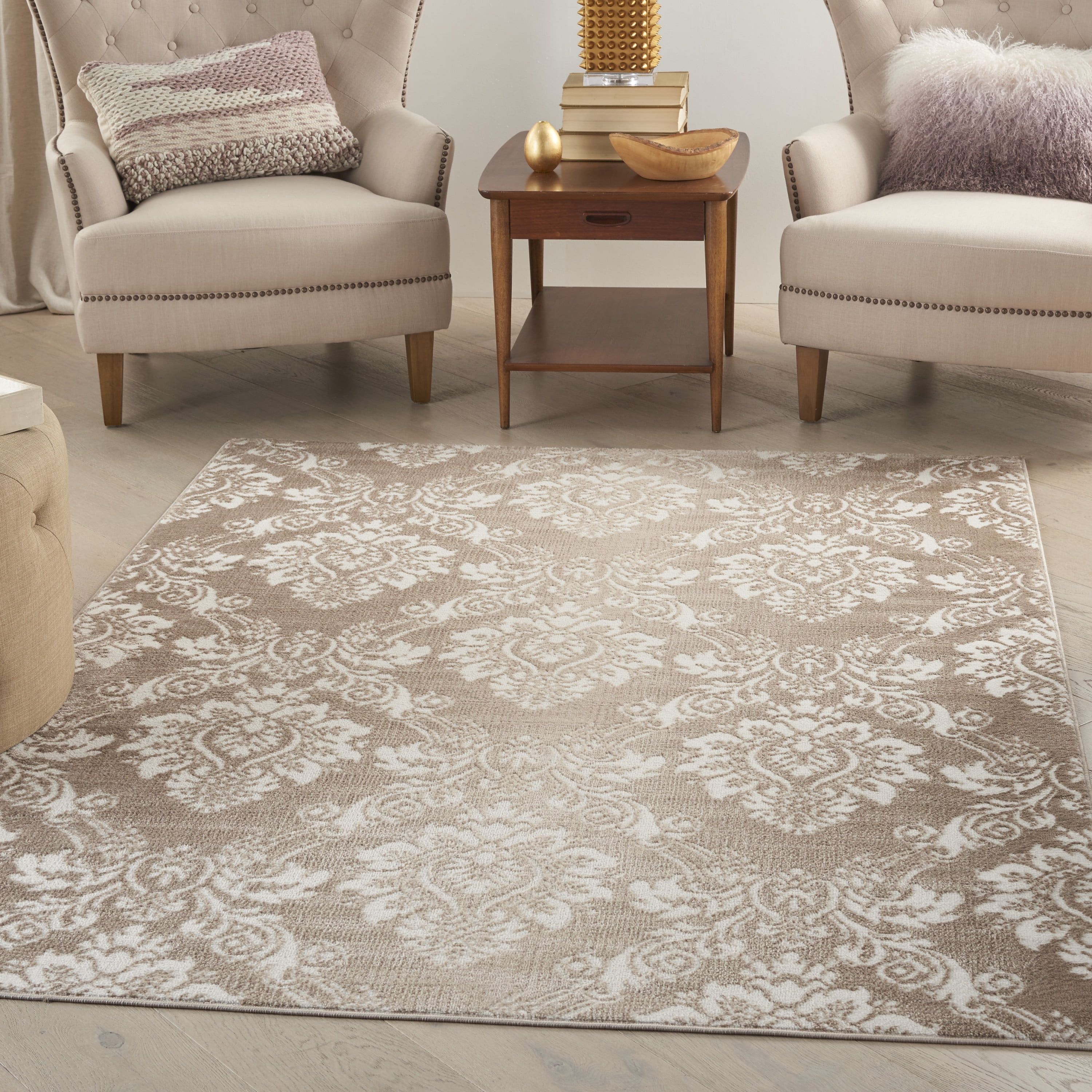 Ivory Mocha Floral Elegance 5' x 7' Easy-Care Synthetic Area Rug