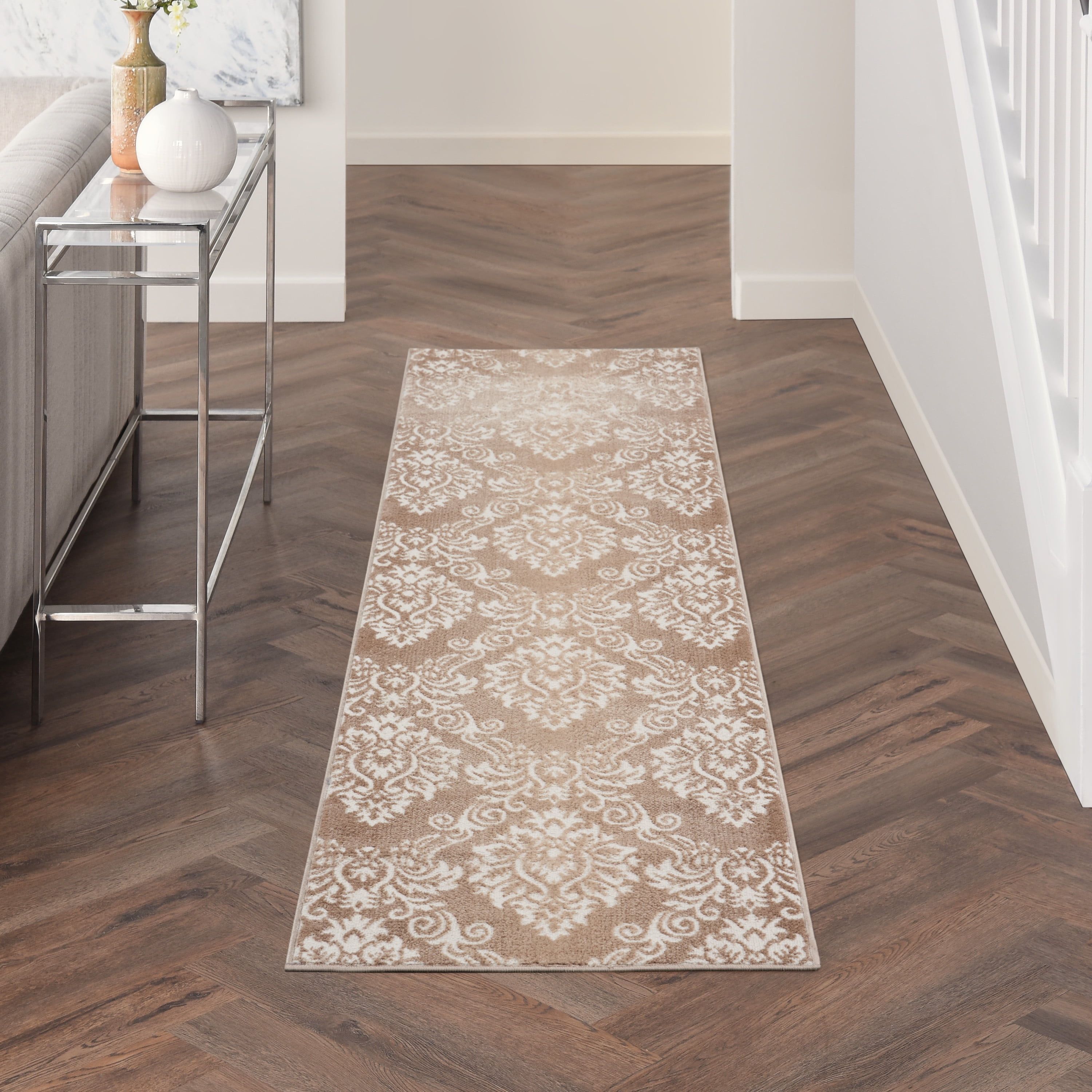 Ivory Mocha Floral Damask Easy-Care Area Rug