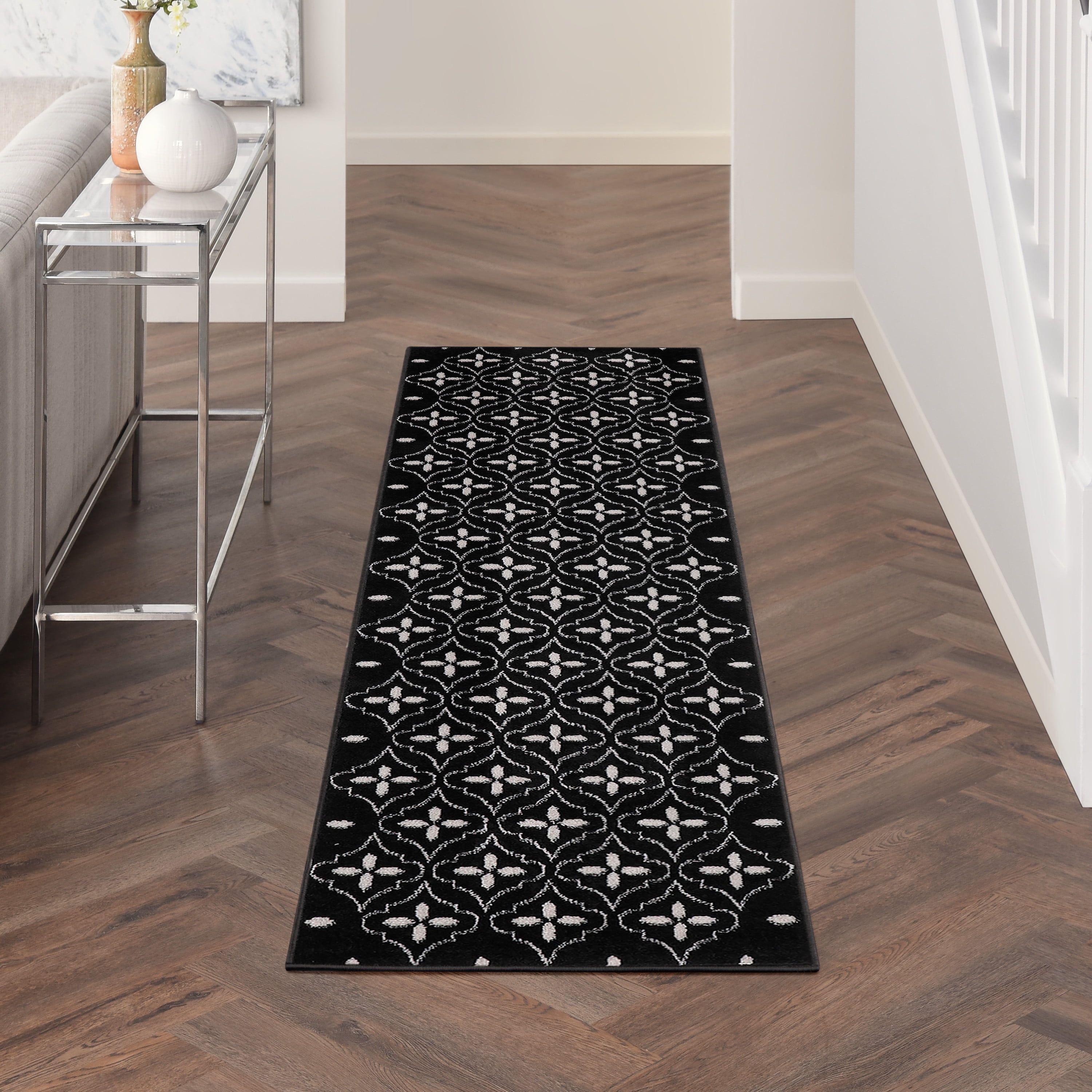 Black and Ivory Reversible Synthetic Runner Rug, 2'2" x 7'6"