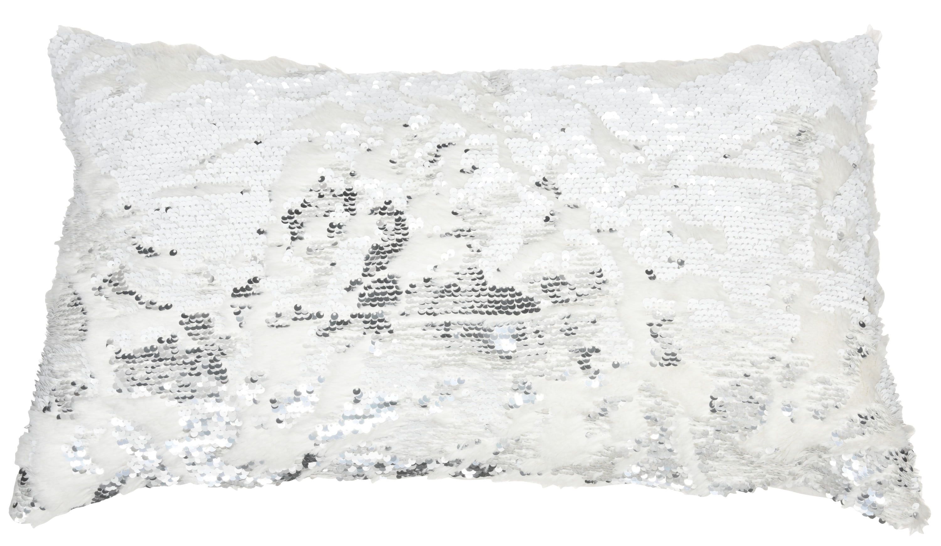 White and Silver Faux Fur Sequins Rectangular Throw Pillow Set