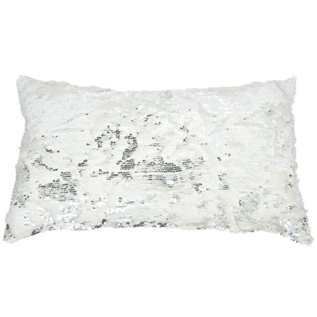 White and Silver Faux Fur Sequins Rectangular Throw Pillow Set