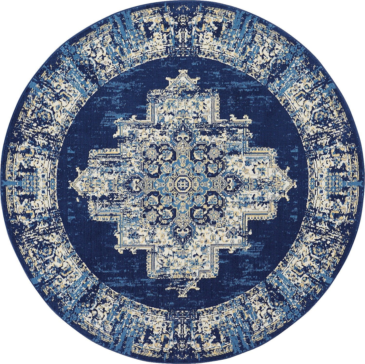 Navy Blue Medallion Round Synthetic Large Rug