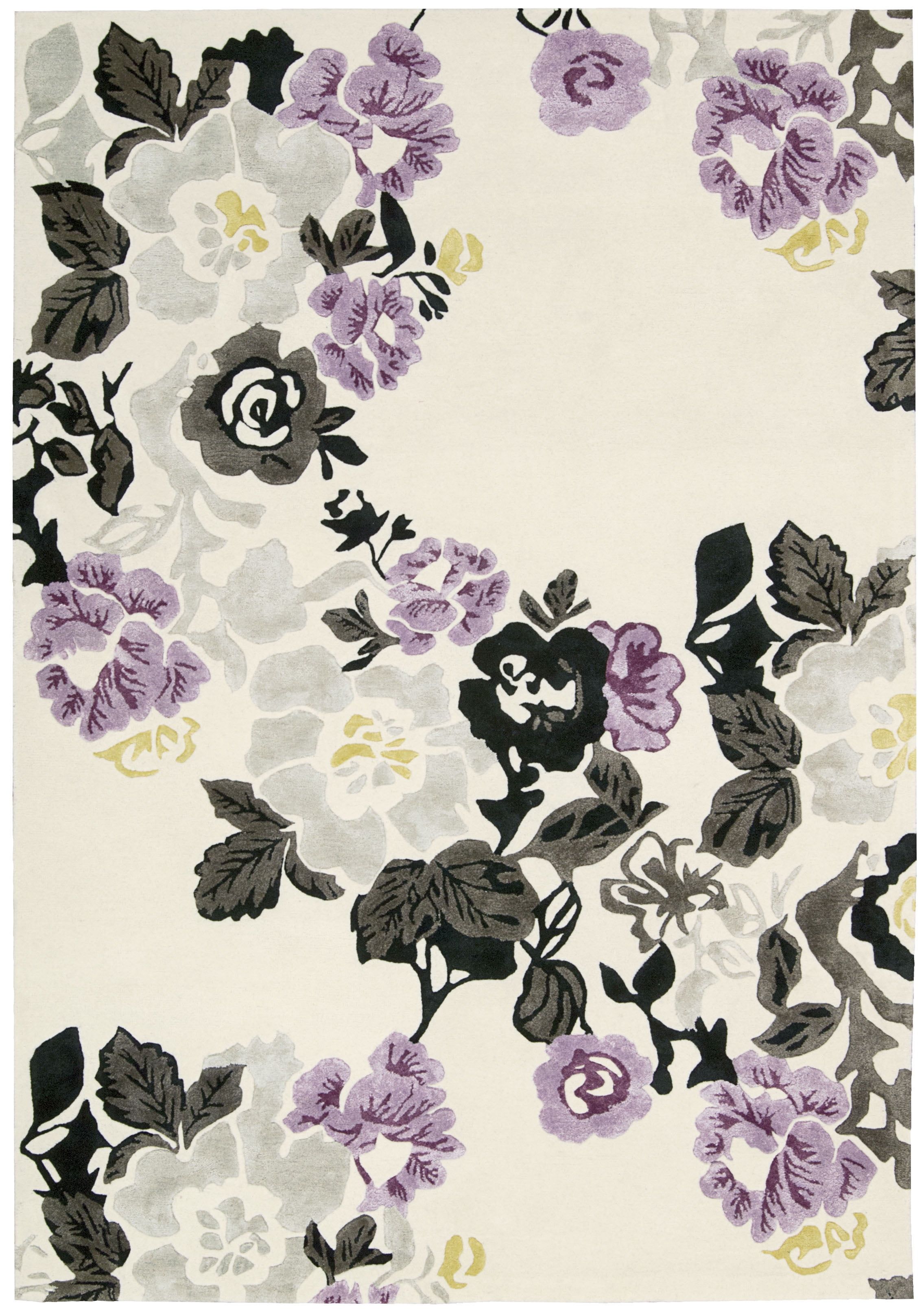 Ivory and Lilac Floral Hand-Tufted Wool Blend Area Rug 4' x 6'