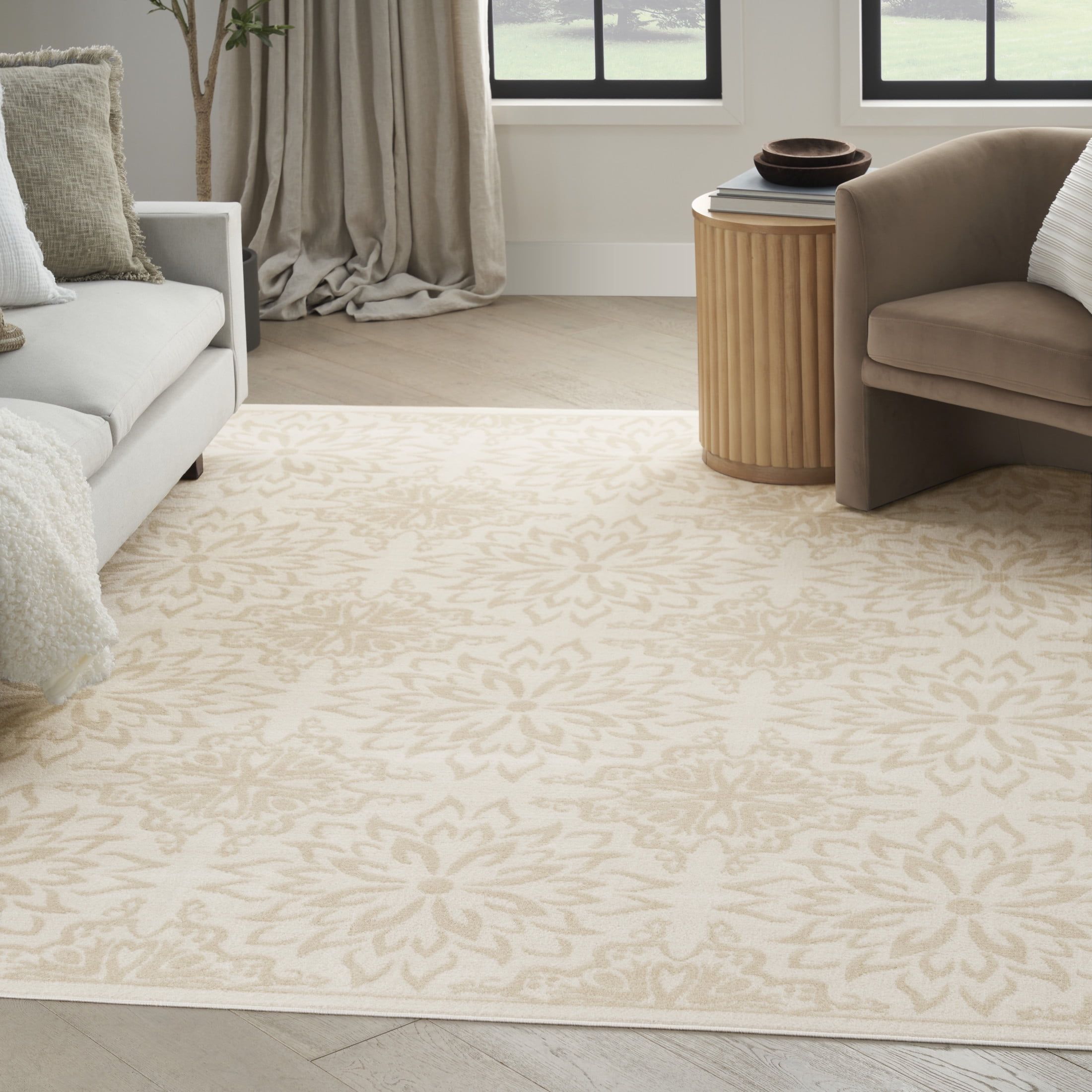 Ivory Beige Floral Synthetic Rectangular Area Rug 8'6" x 12'