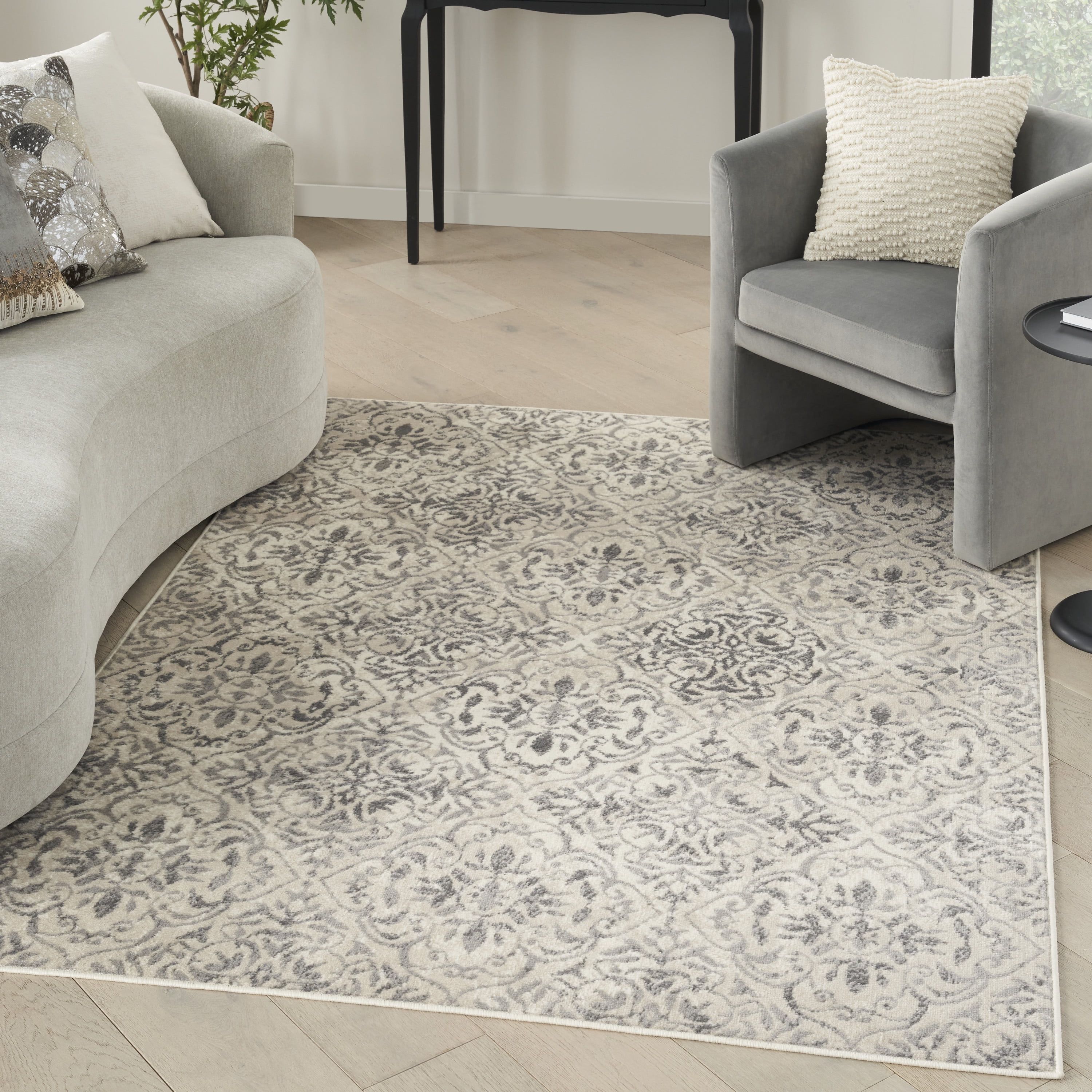 Ivory Grey Floral Synthetic Rectangular Area Rug 5'3" x 7'3"