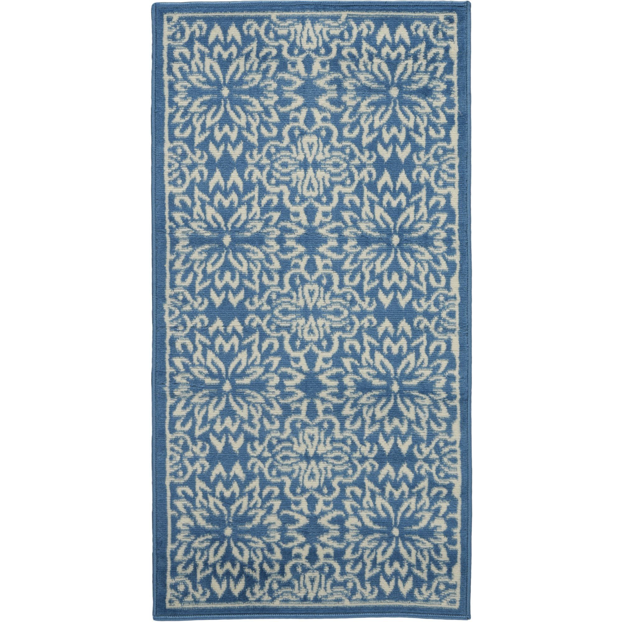 Ivory & Blue Floral Hand-Knotted Viscose Area Rug, 2' x 4'