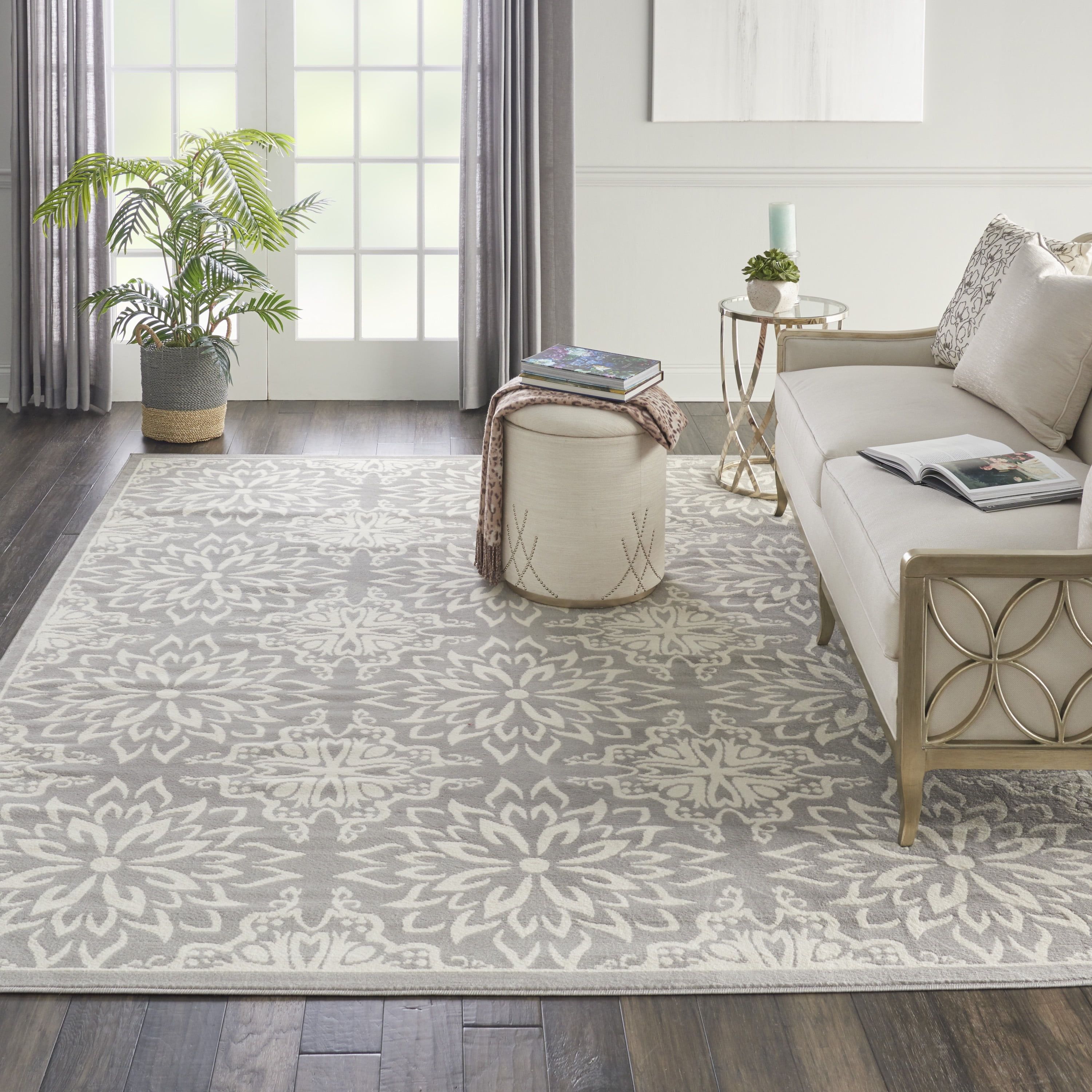 Ivory and Grey Floral Synthetic 7' x 10' Area Rug